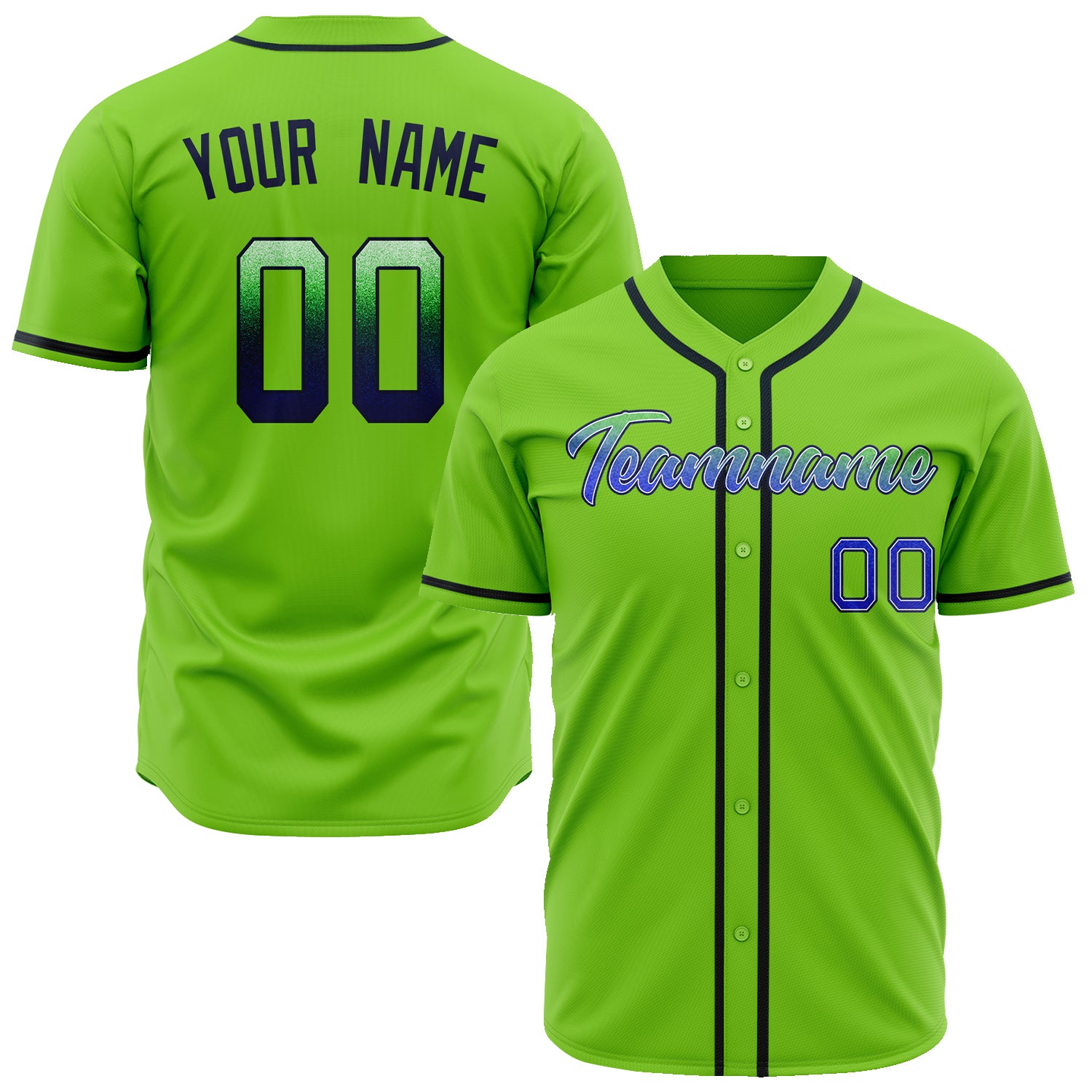 Benutzerdefiniertes Professionelles Neongrün Blau Baseballtrikot BB02240601JG218