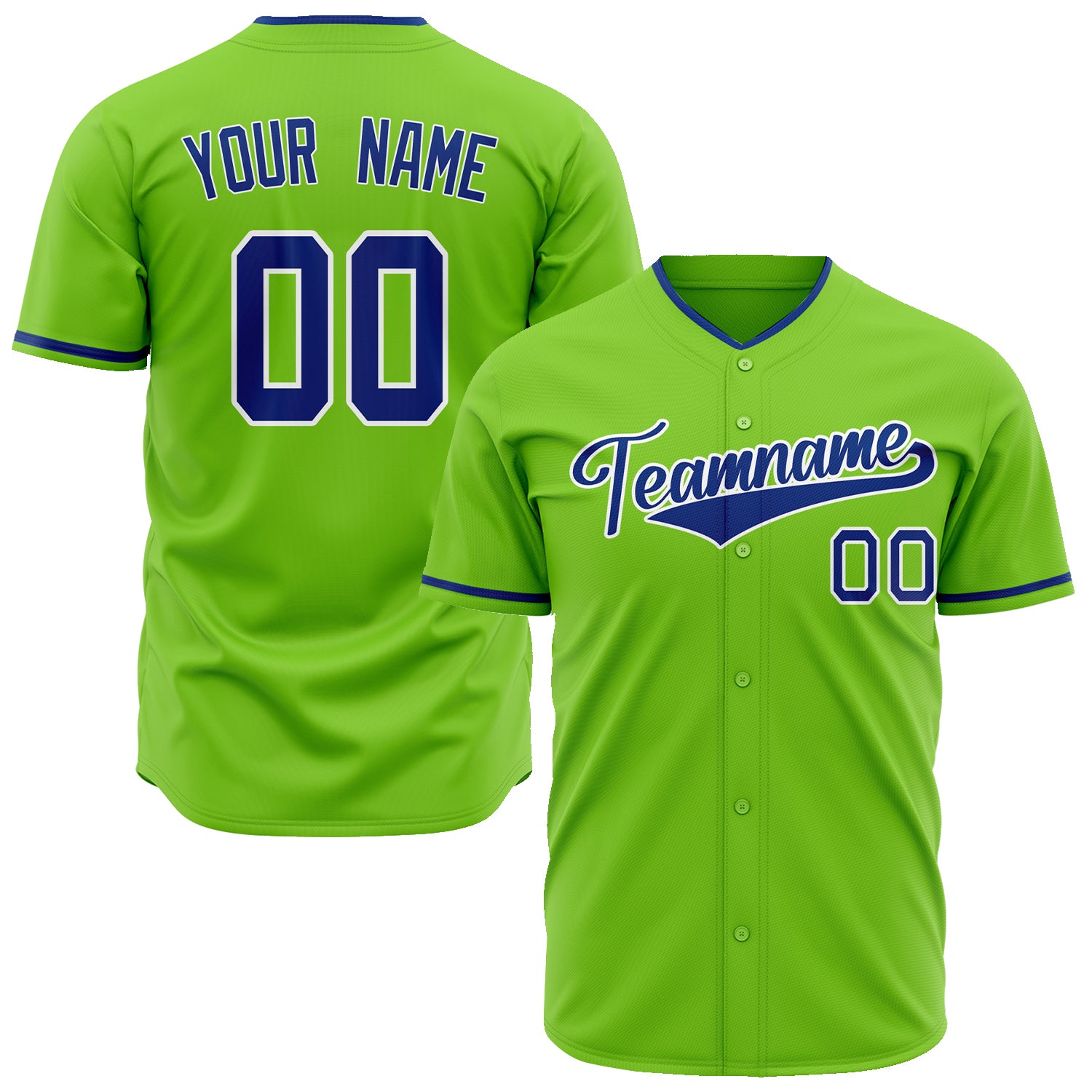 Benutzerdefiniertes Professionelles Neongrün Königsblau Baseballtrikot BB02240601JG222