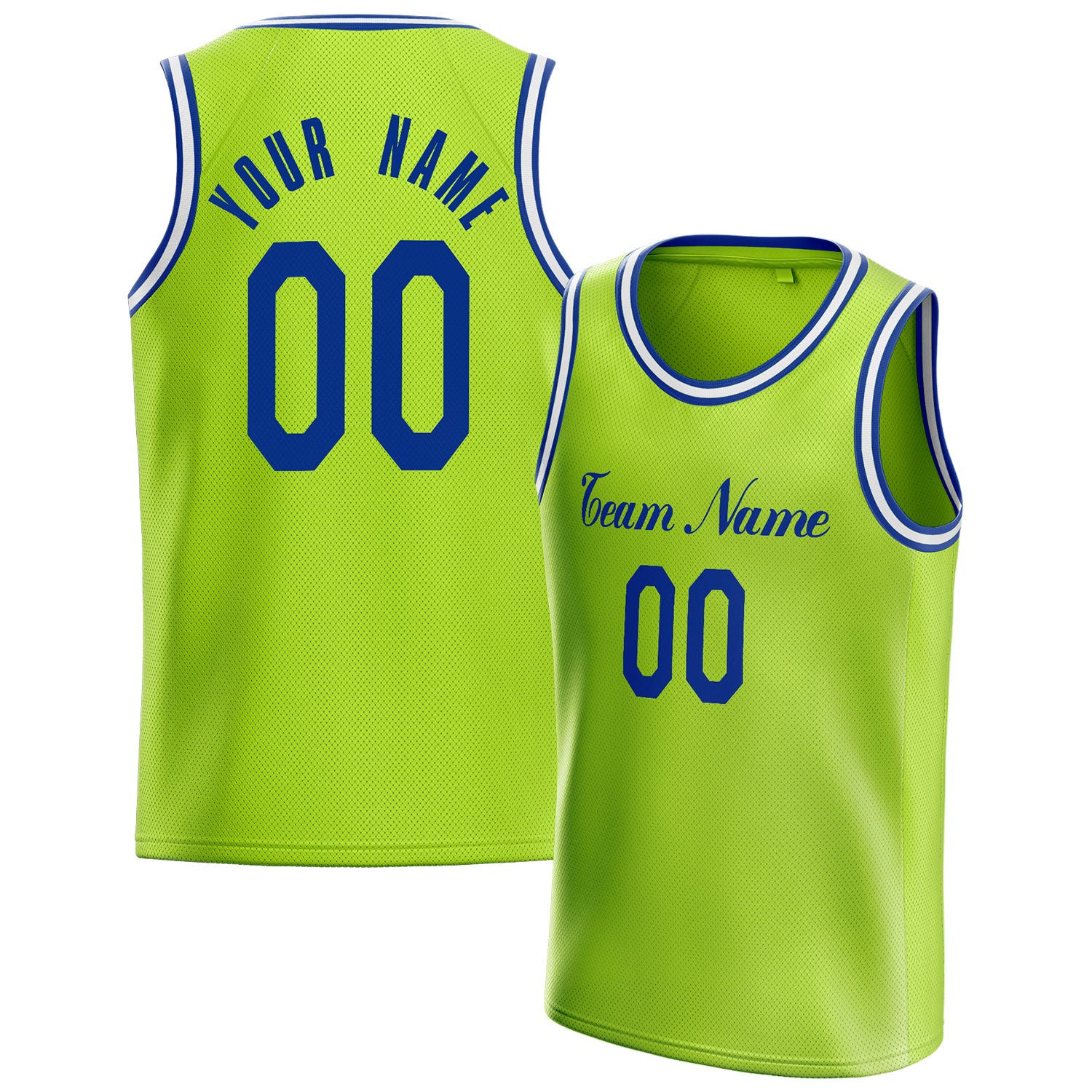 Benutzerdefiniertes Professionelles Neongrün Königsblau Basketballtrikot BS01240621XY094