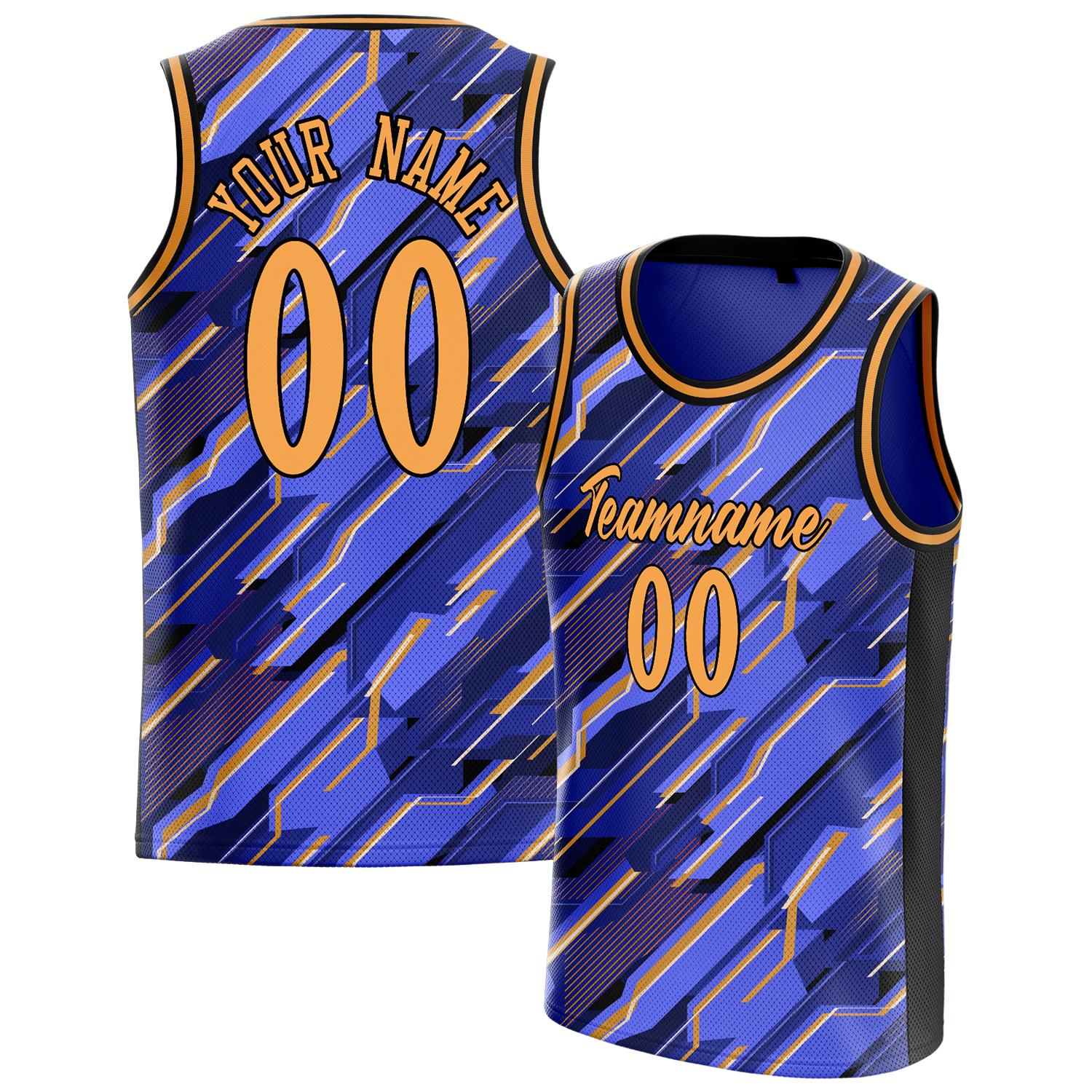 Benutzerdefiniertes Professionelles Blau Gold Basketballtrikot BS01240808JC010