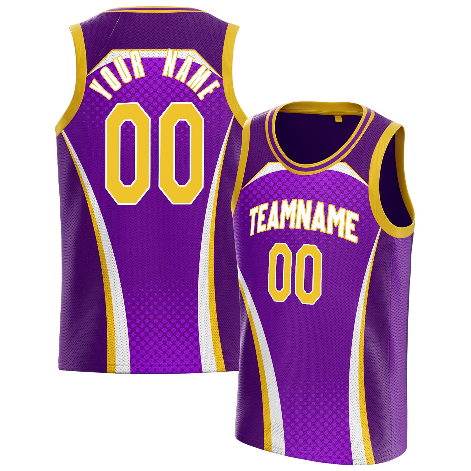 Benutzerdefiniertes Professionelles Lila Gold Basketballtrikot BS01240808JC017