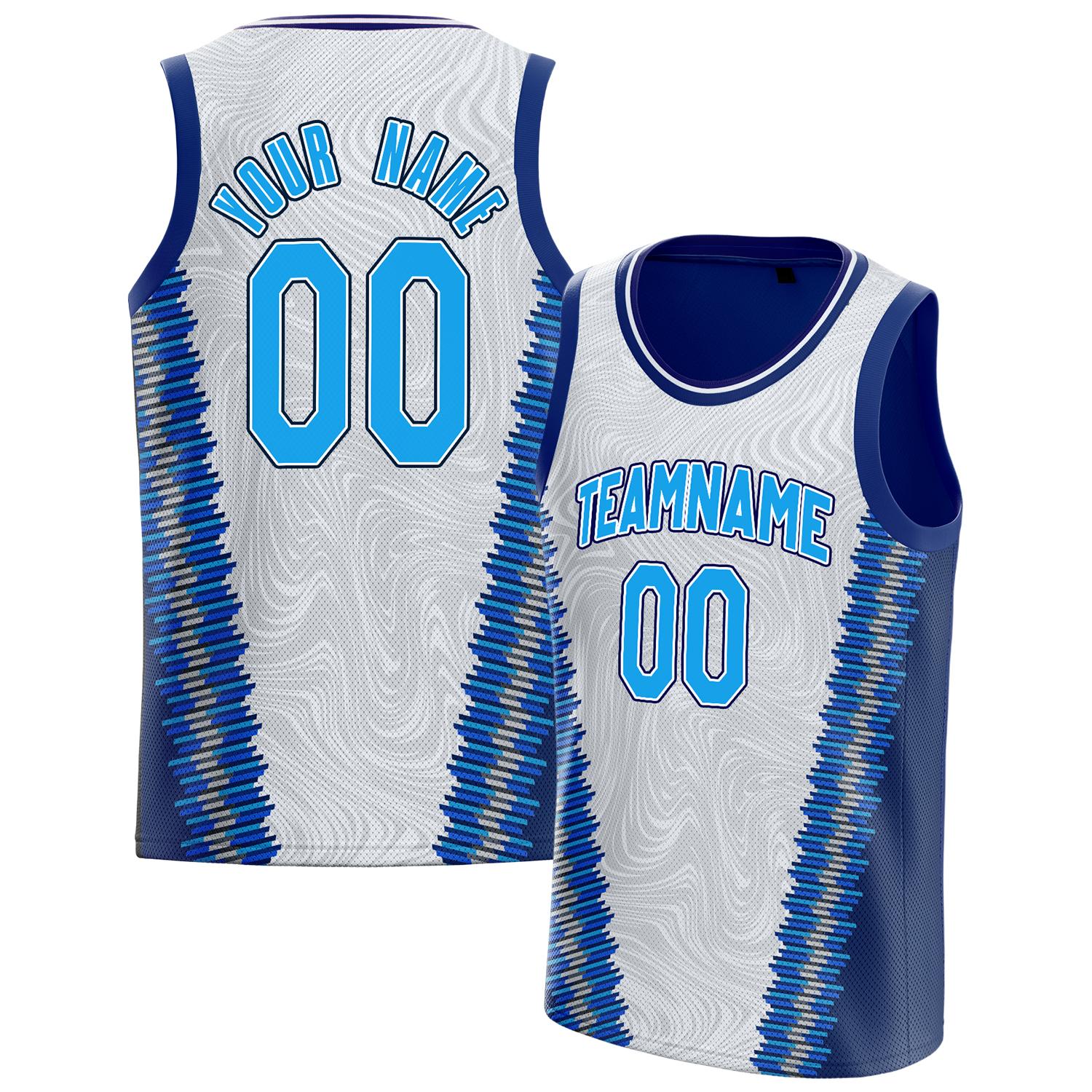 Benutzerdefiniertes Professionelles Weiß Marineblau Basketballtrikot BS01240808XE002