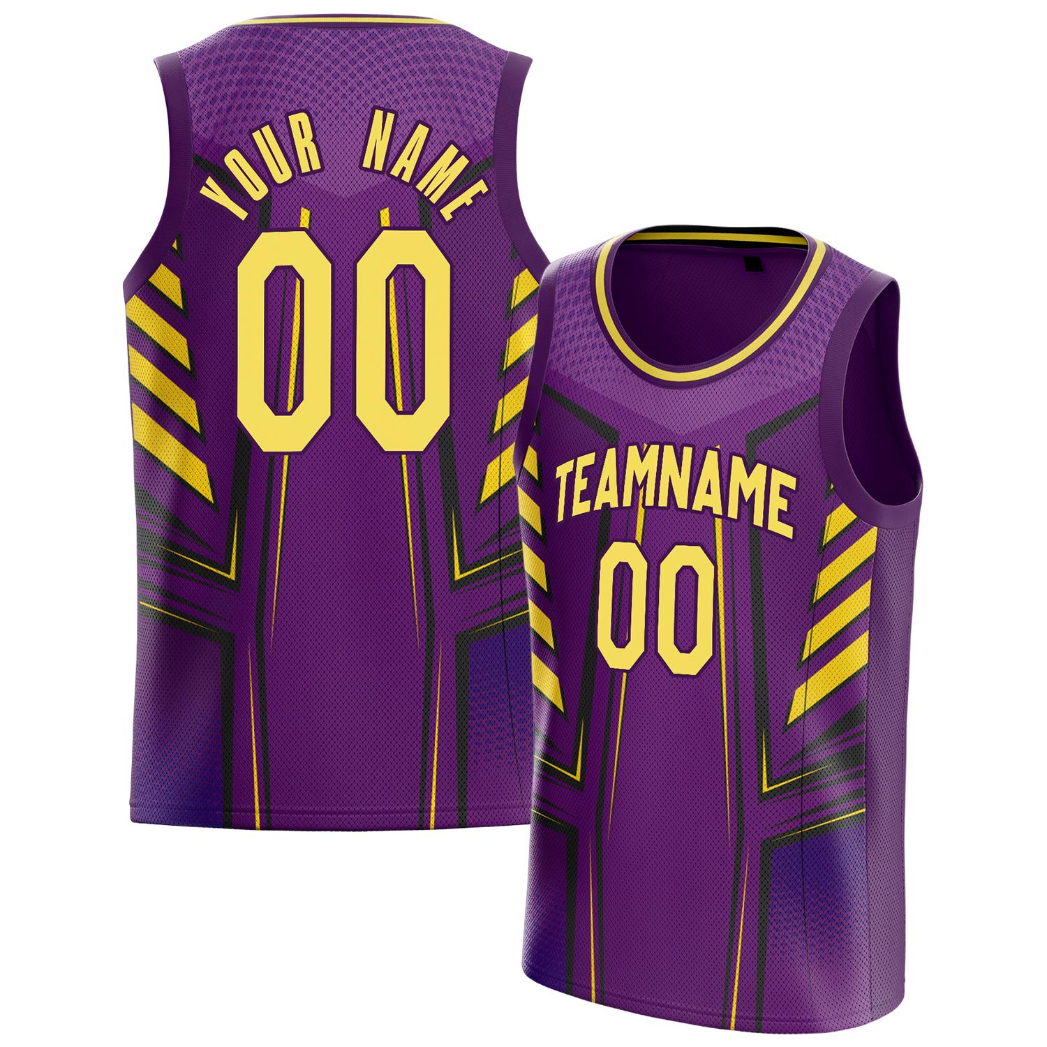 Benutzerdefiniertes Professionelles Lila Gold Basketballtrikot BS01240808XF054