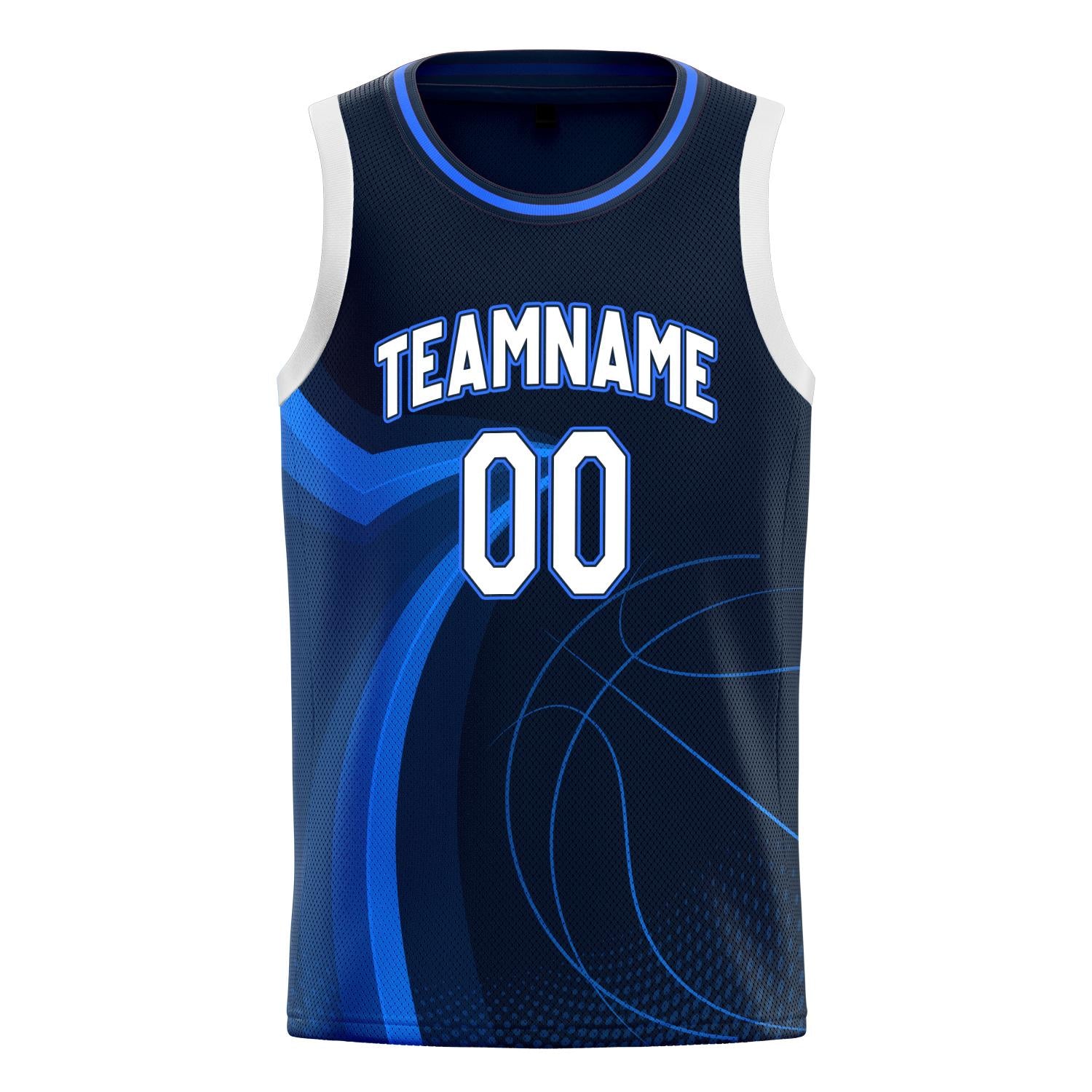 Benutzerdefiniertes Professionelles Marineblau Weiß Basketballtrikot