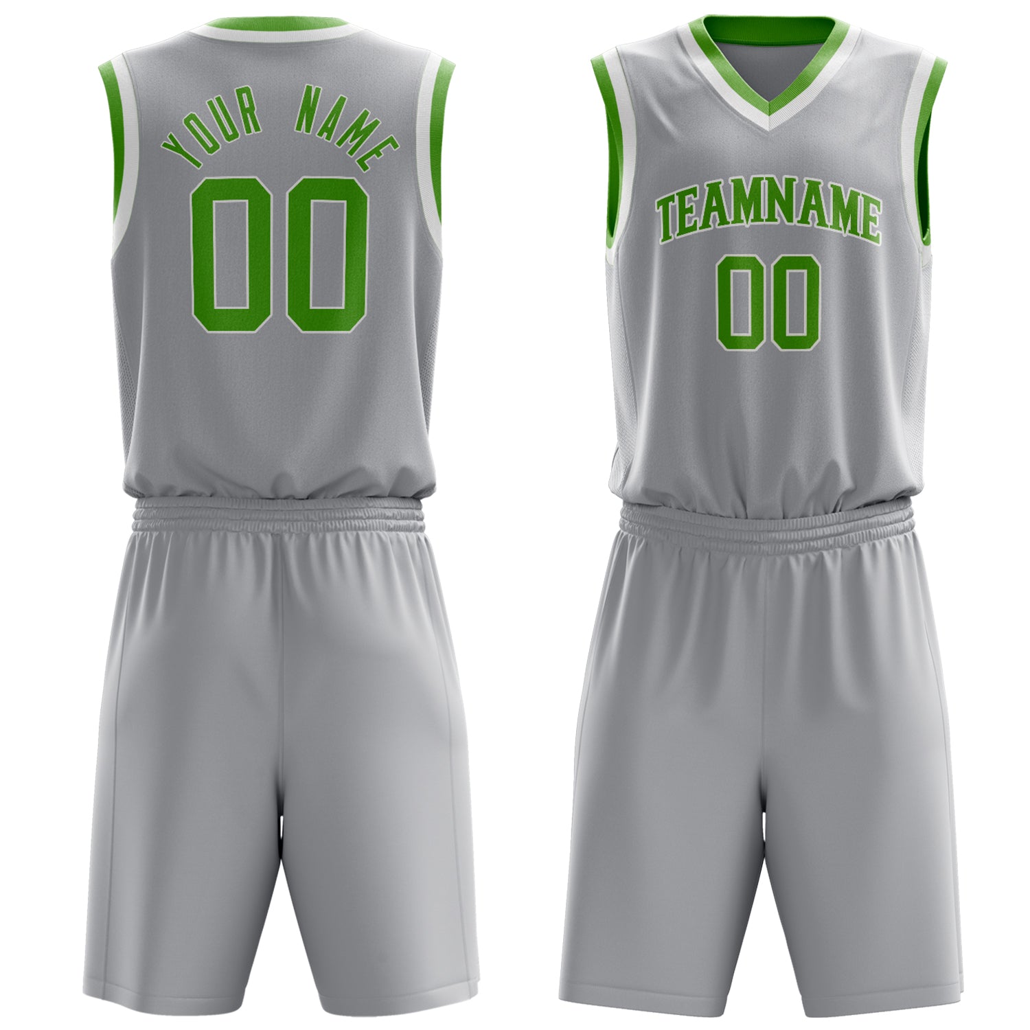 Maßgeschneidertes professionelles Grau Neongrün Basketballtrikot-Set BS03240701JC087