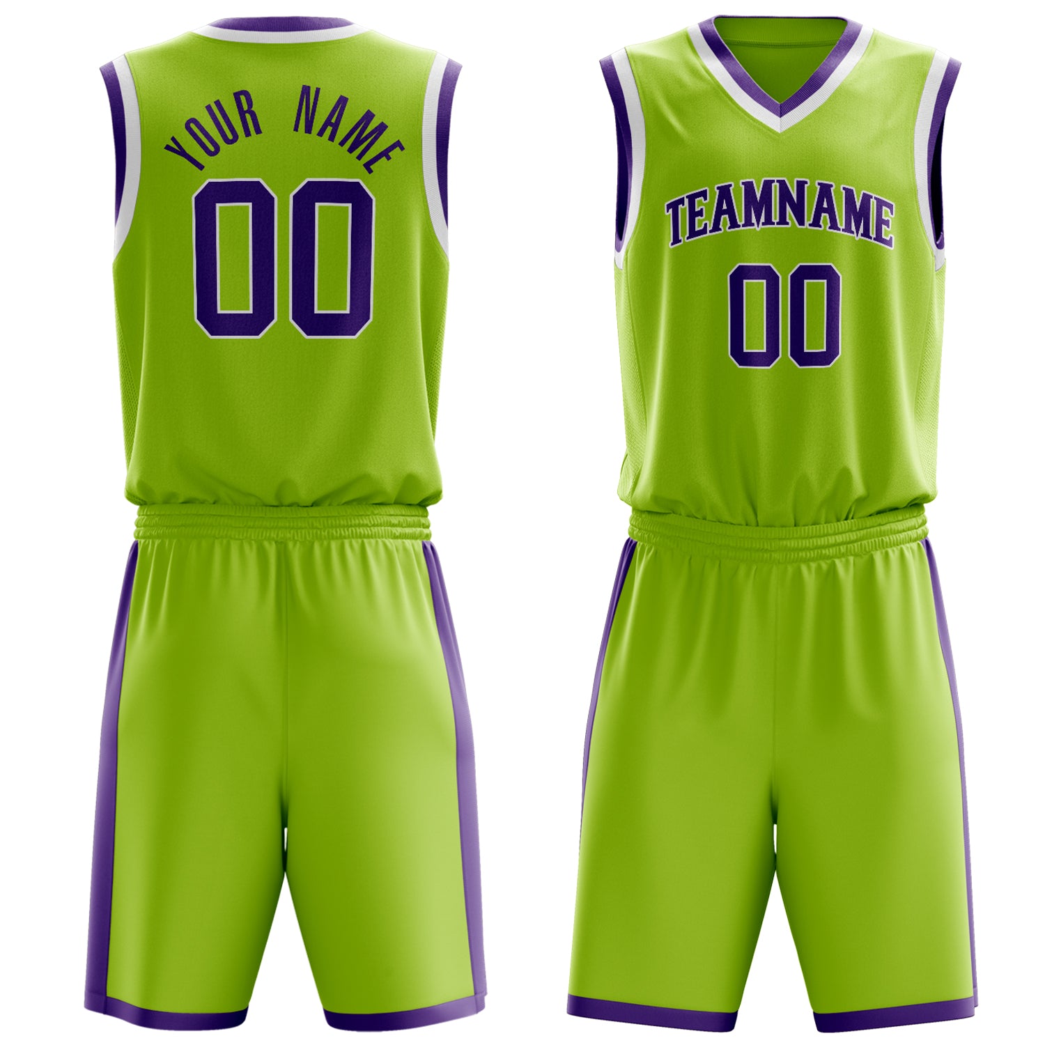 Maßgeschneidertes professionelles Neongrün Lila Basketballtrikot-Set BS03240701XY107