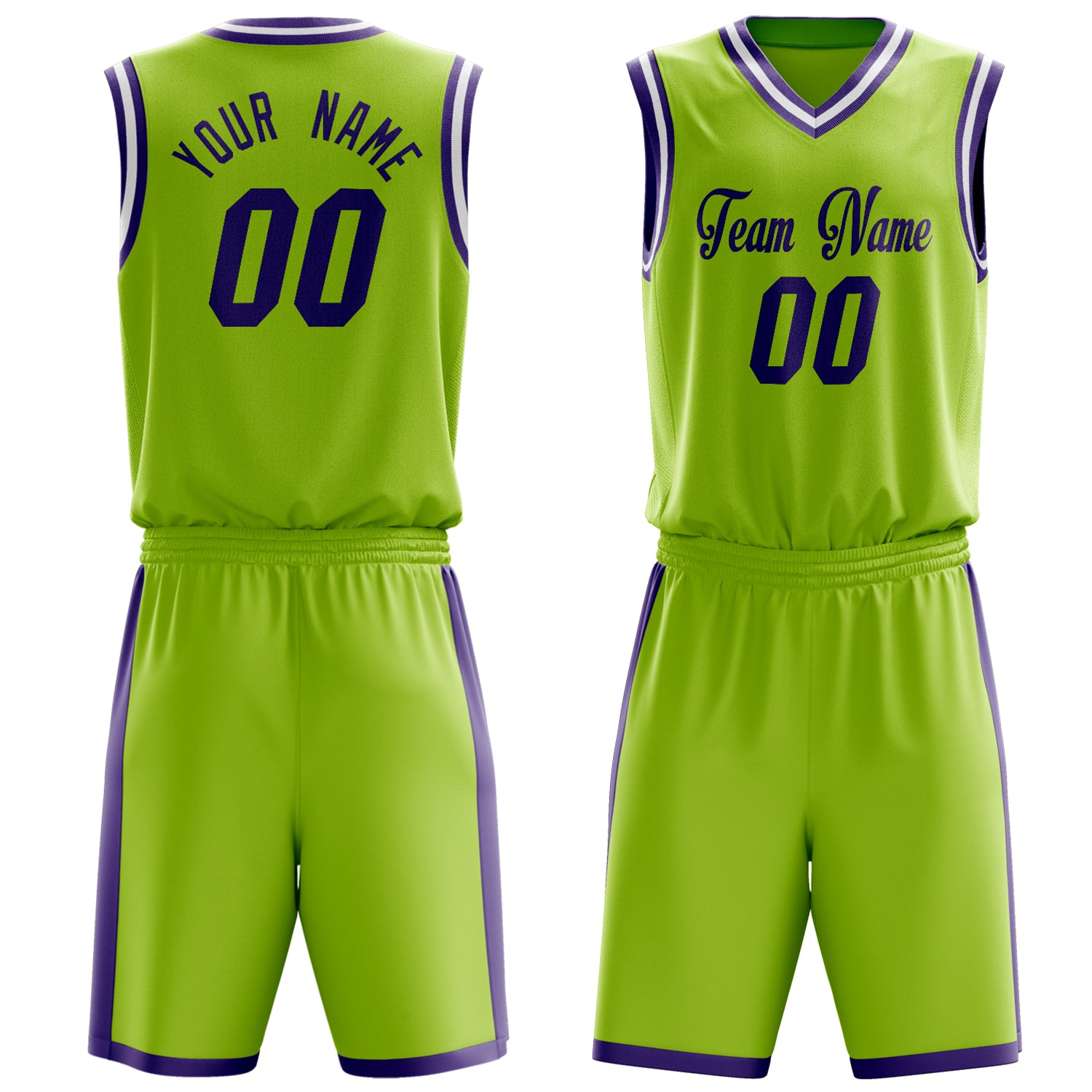 Maßgeschneidertes professionelles Neongrün Lila Basketballtrikot-Set BS03240701XY113