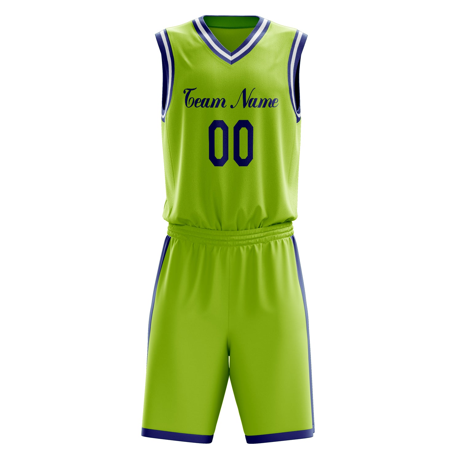 Maßgeschneidertes professionelles Neongrün Marineblau Basketballtrikot-Set