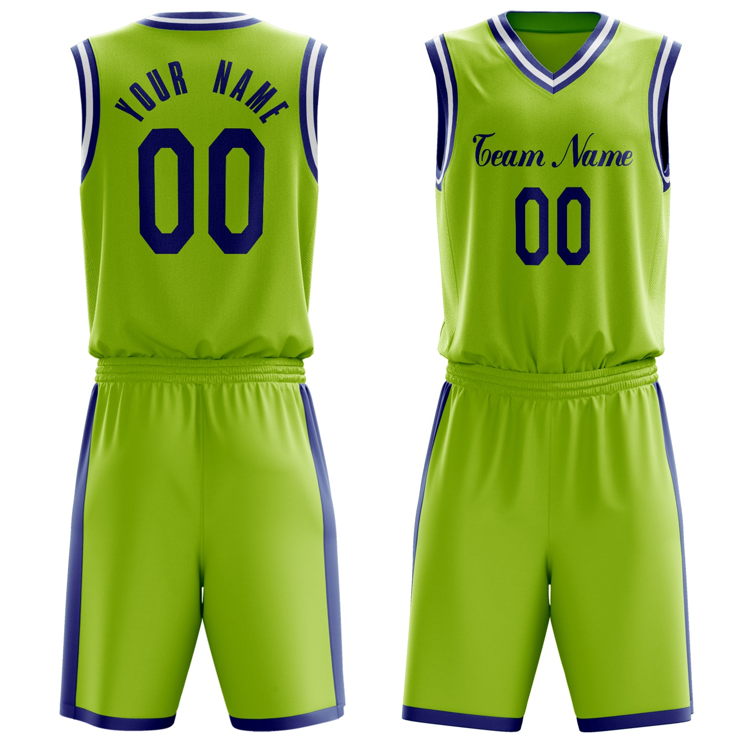 Maßgeschneidertes professionelles Neongrün Marineblau Basketballtrikot-Set BS03240701XY114