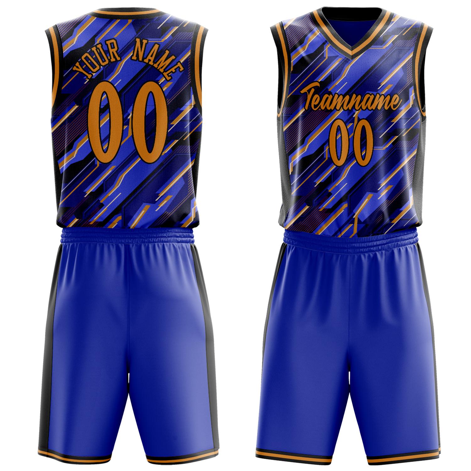 Benutzerdefiniertes Professionelles Blau Gold Basketballtrikot-Set BS03240809JC010