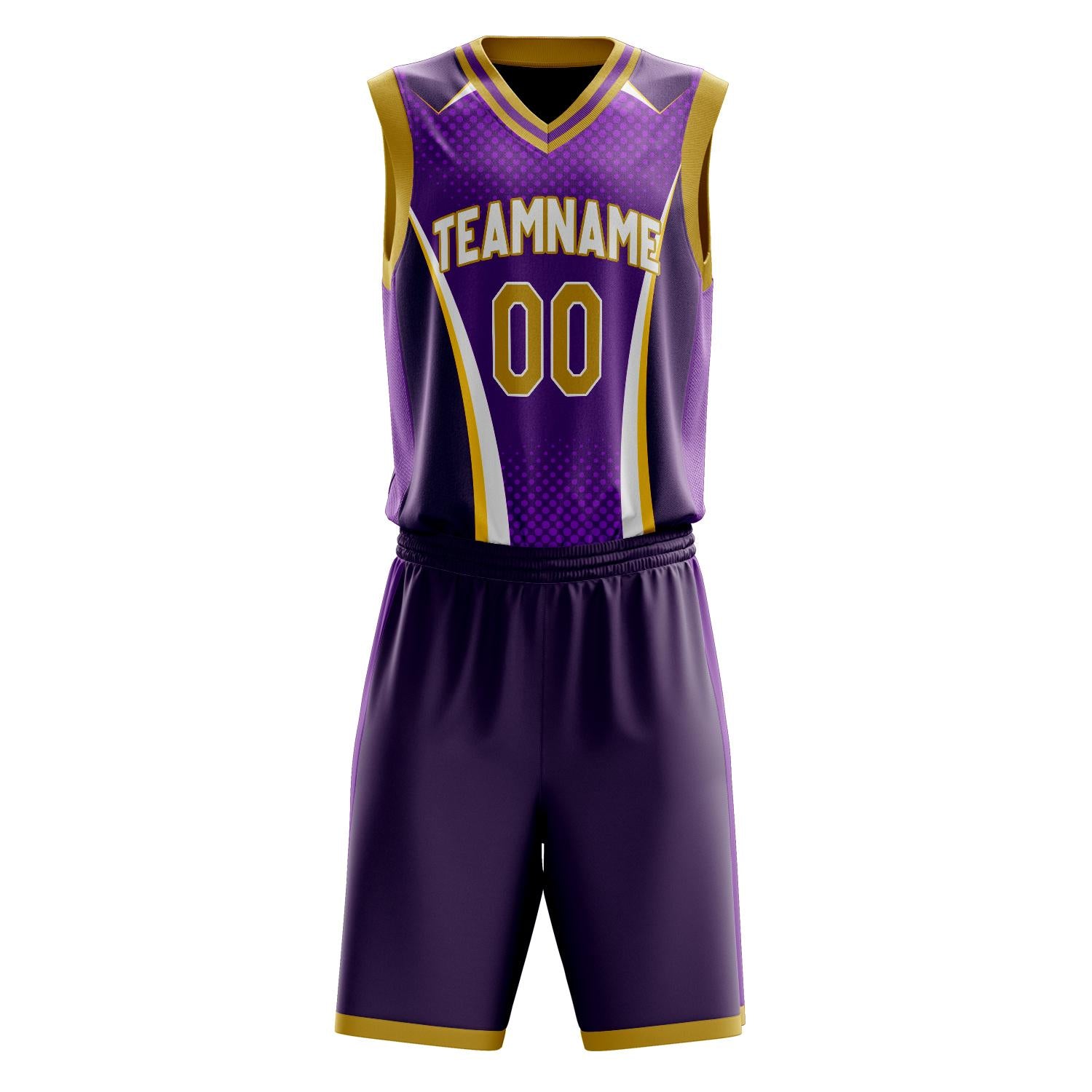 Benutzerdefiniertes Professionelles Lila Gold Basketballtrikot-Set