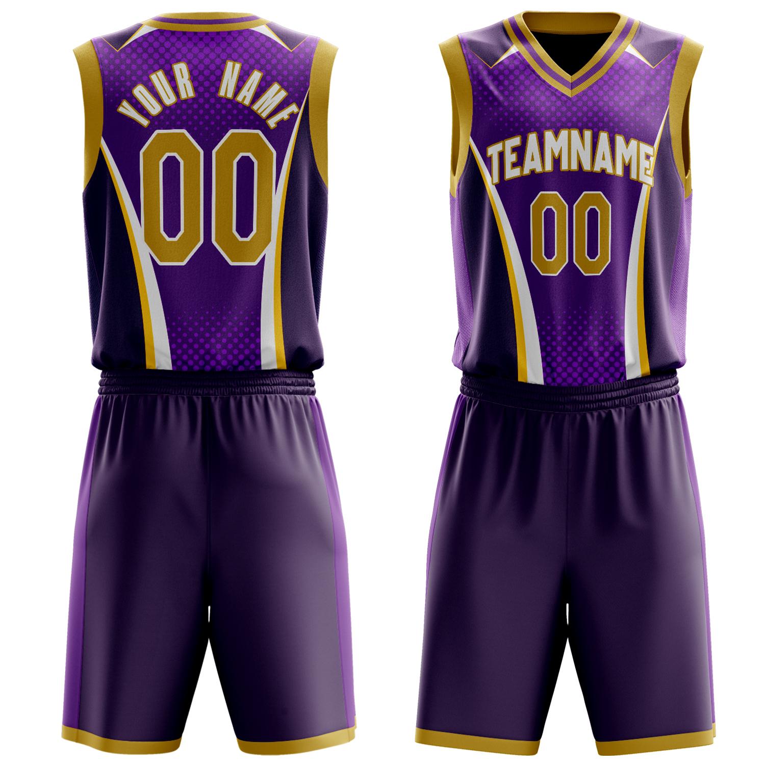 Benutzerdefiniertes Professionelles Lila Gold Basketballtrikot-Set BS03240809JC017