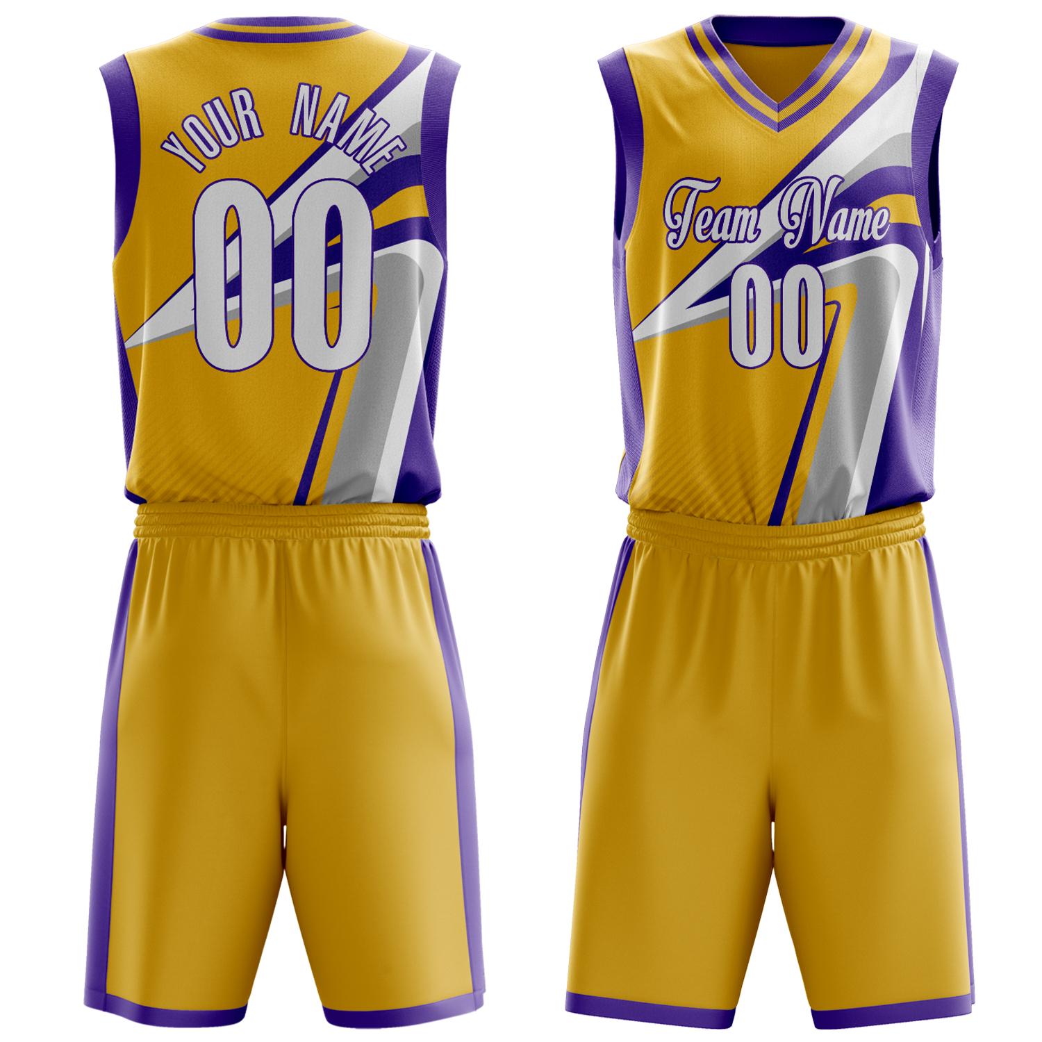 Benutzerdefiniertes Professionelles Gold Lila Basketballtrikot-Set BS03240809JC020