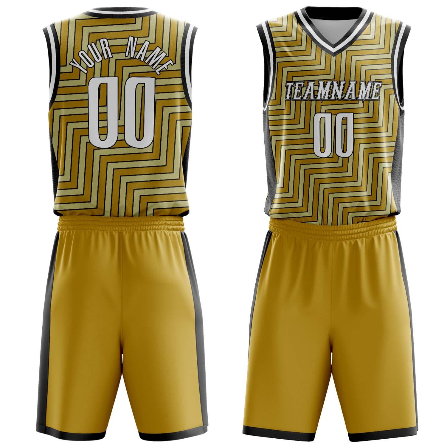 Benutzerdefiniertes Professionelles Altgold Schwarz Basketballtrikot-Set BS03240809JG035