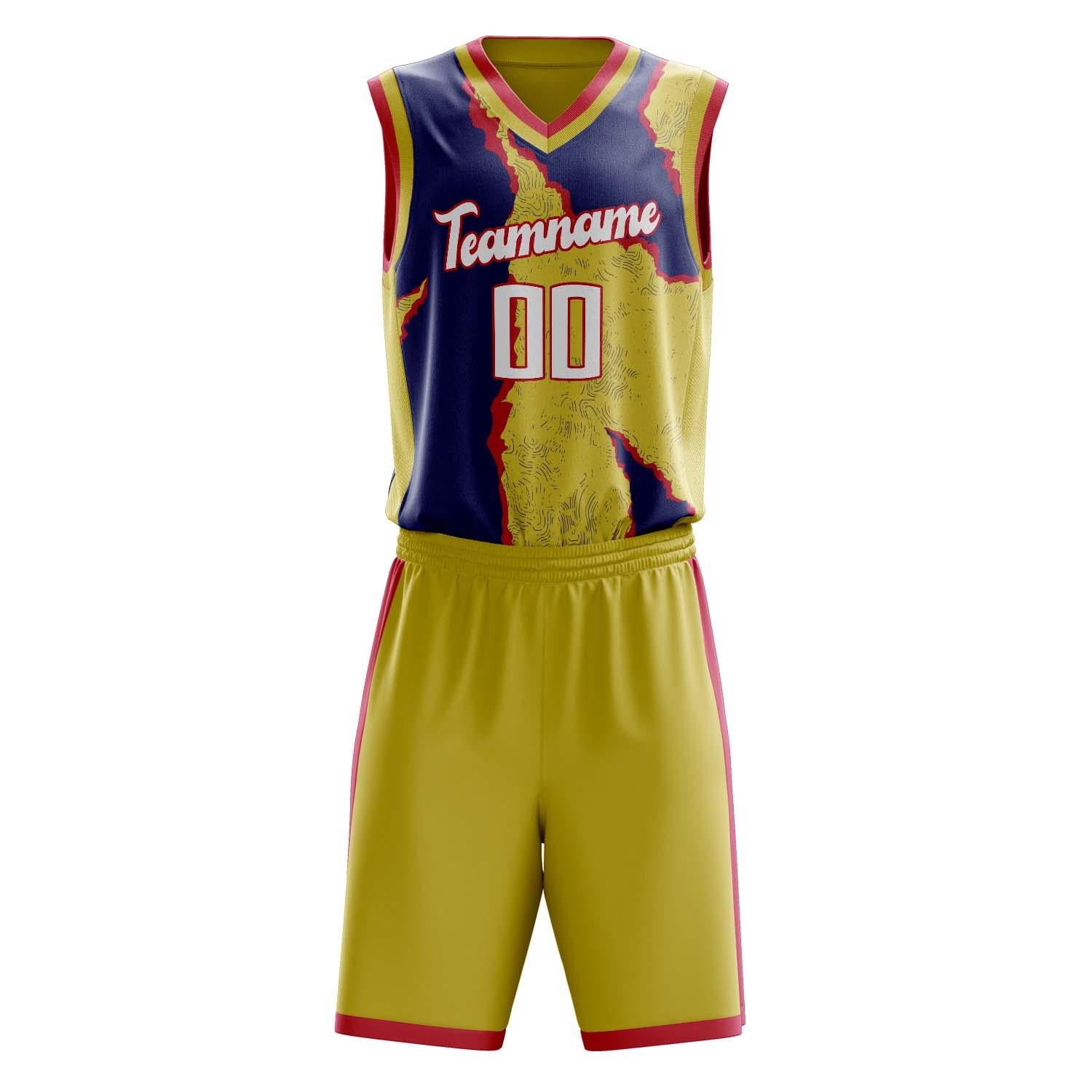 Benutzerdefiniertes Professionelles Marineblau Gelb Basketballtrikot-Set