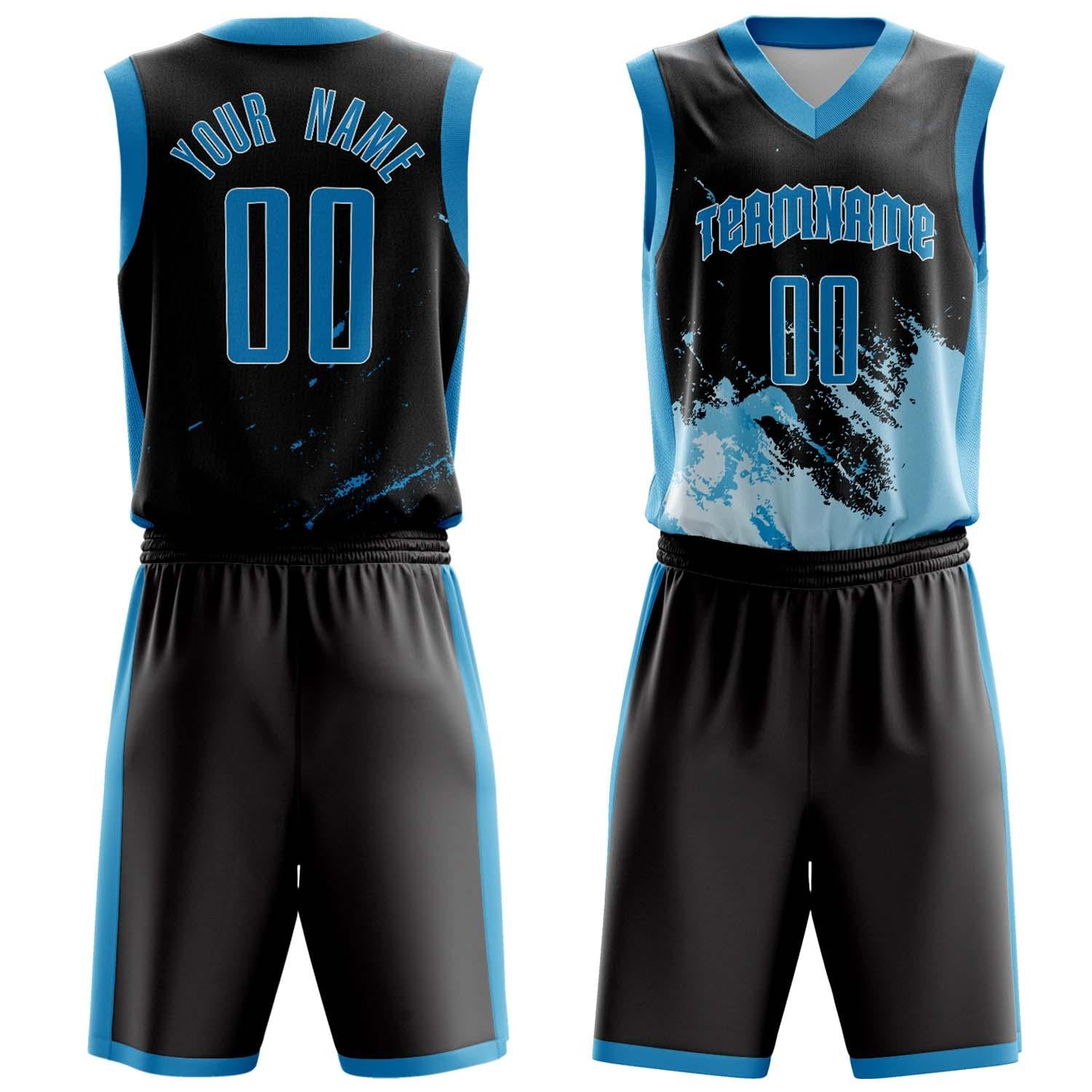 Benutzerdefiniertes Professionelles Schwarz Blau Basketballtrikot-Set BS03240809JG047