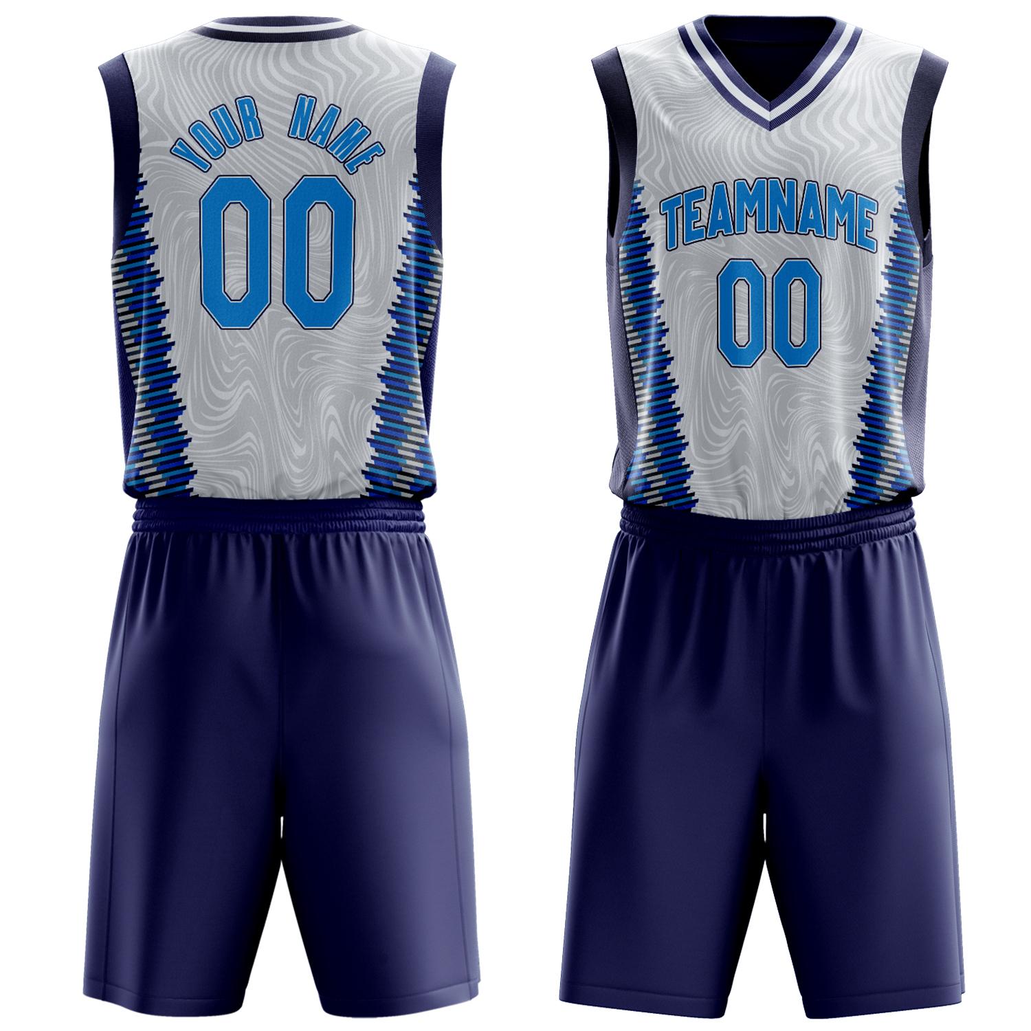 Benutzerdefiniertes Professionelles Weiß Marineblau Basketballtrikot-Set BS03240809XE002