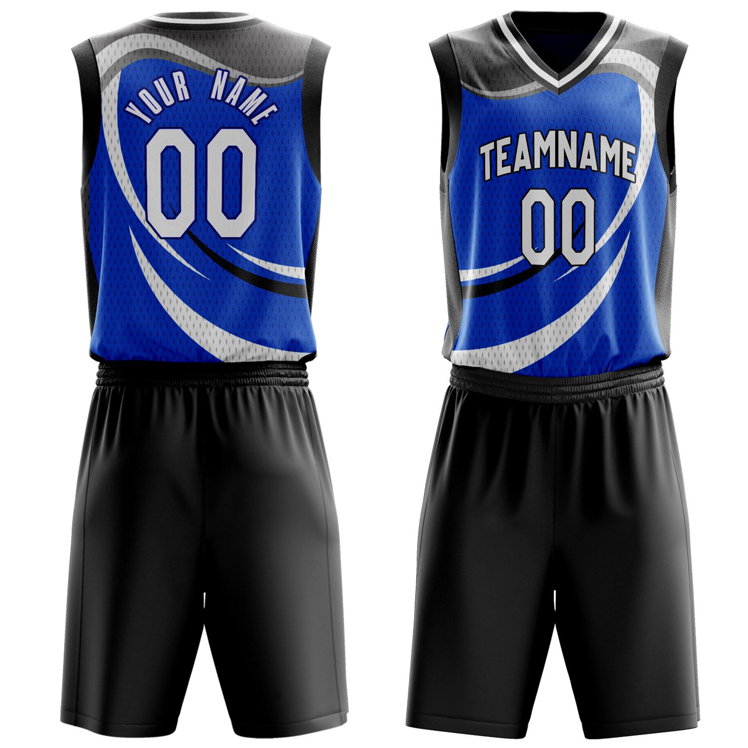 Benutzerdefiniertes Professionelles Blau Schwarz Basketballtrikot-Set BS03240809XE005