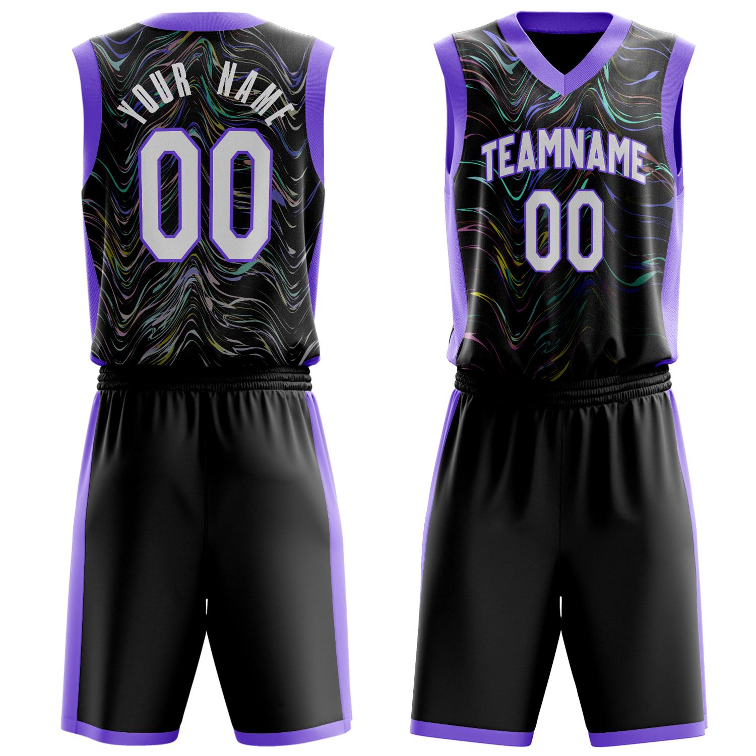 Benutzerdefiniertes Professionelles Schwarz Lila Basketballtrikot-Set BS03240809XF048