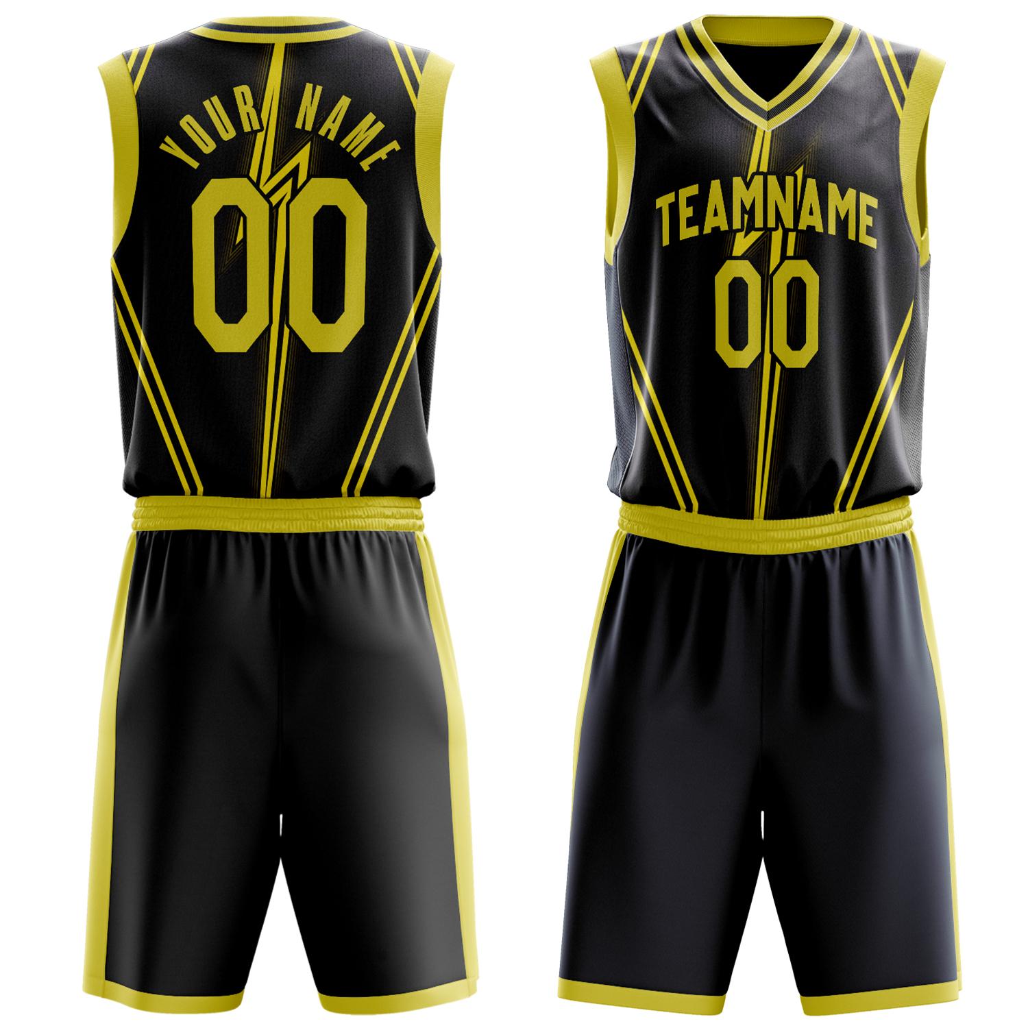 Benutzerdefiniertes Professionelles Schwarz Gold Basketballtrikot-Set BS03240809XF049