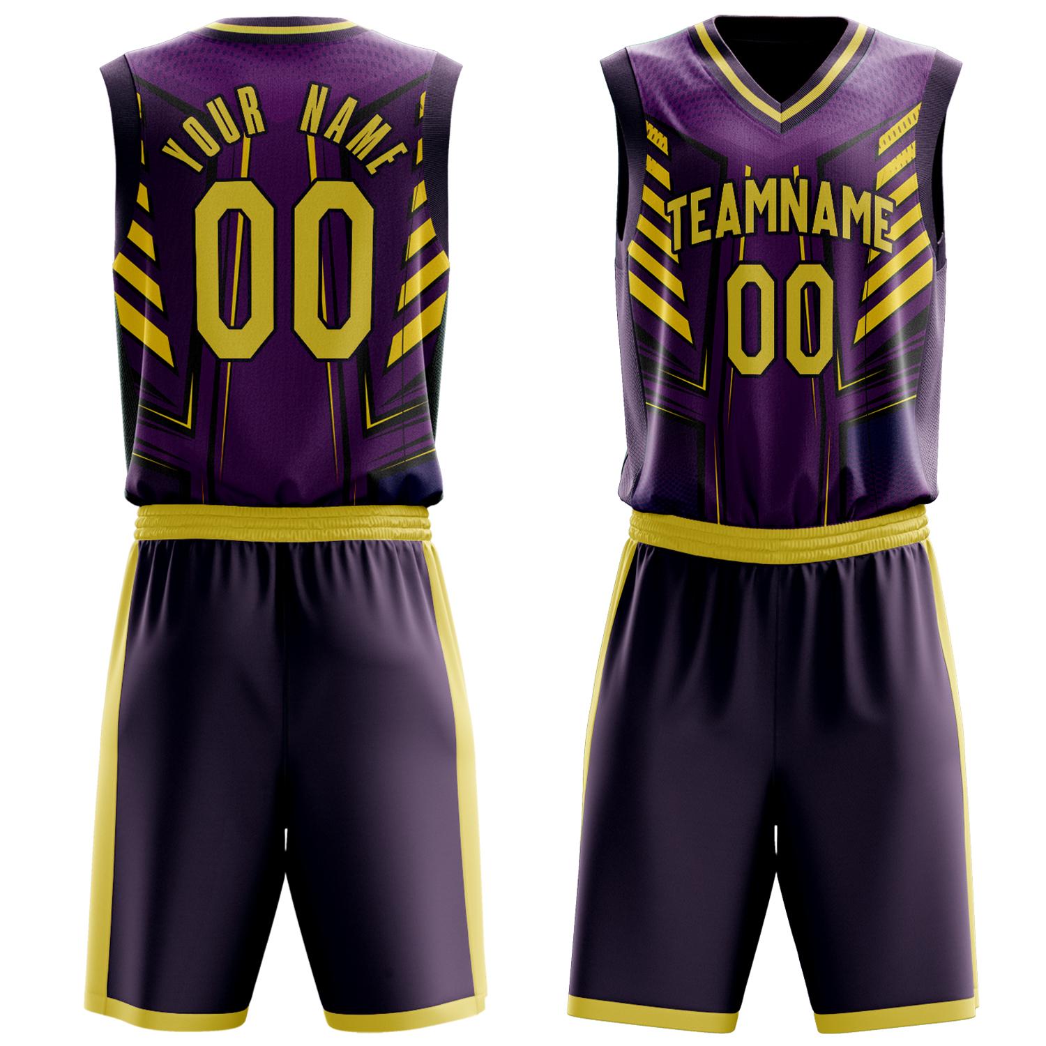 Benutzerdefiniertes Professionelles Lila Gold Basketballtrikot-Set BS03240809XF054