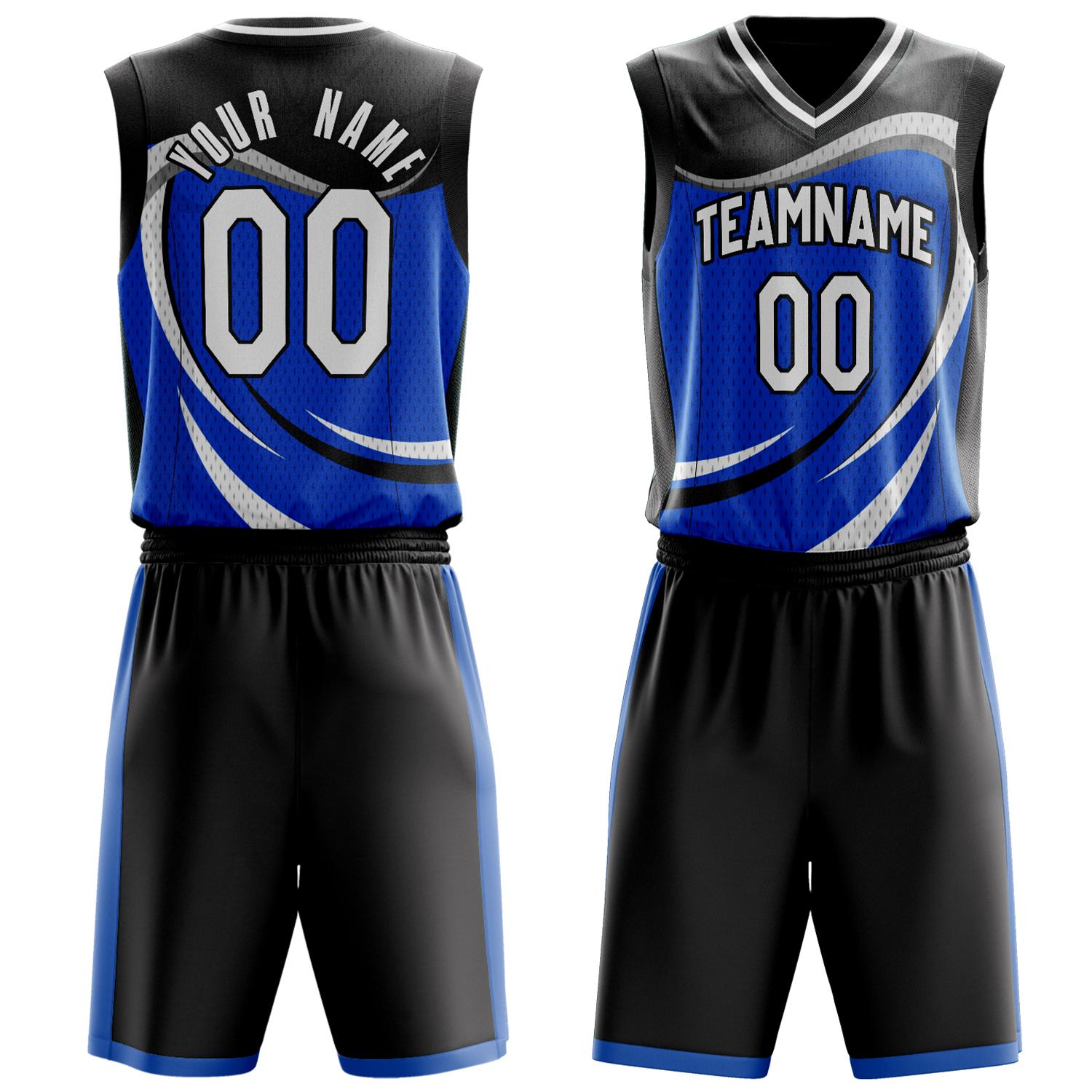 Benutzerdefiniertes Professionelles Blau Schwarz Basketballtrikot-Set BS03240809XF055