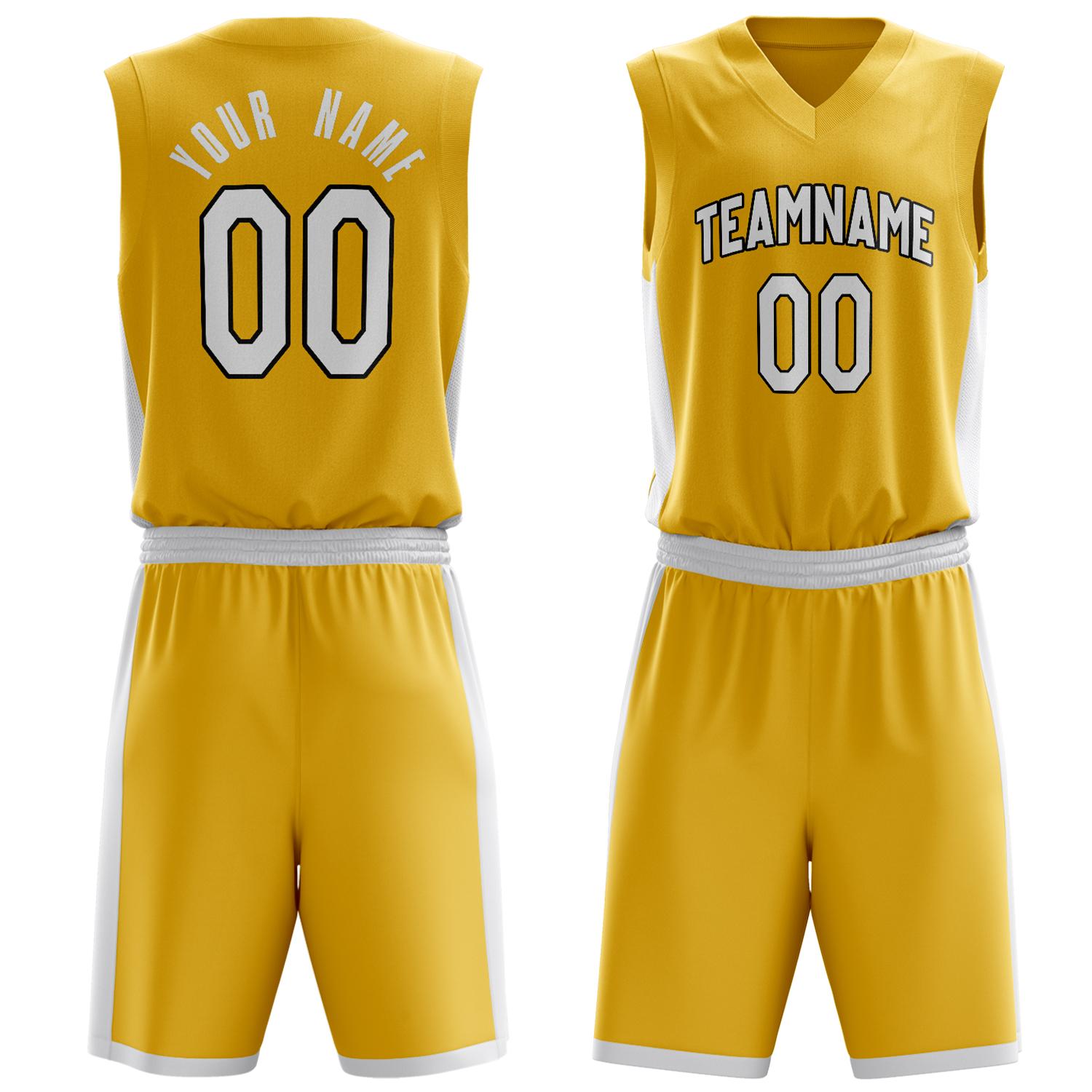 Benutzerdefiniertes Professionelles Gold Weiß Basketballtrikot-Set BS03240809XF062