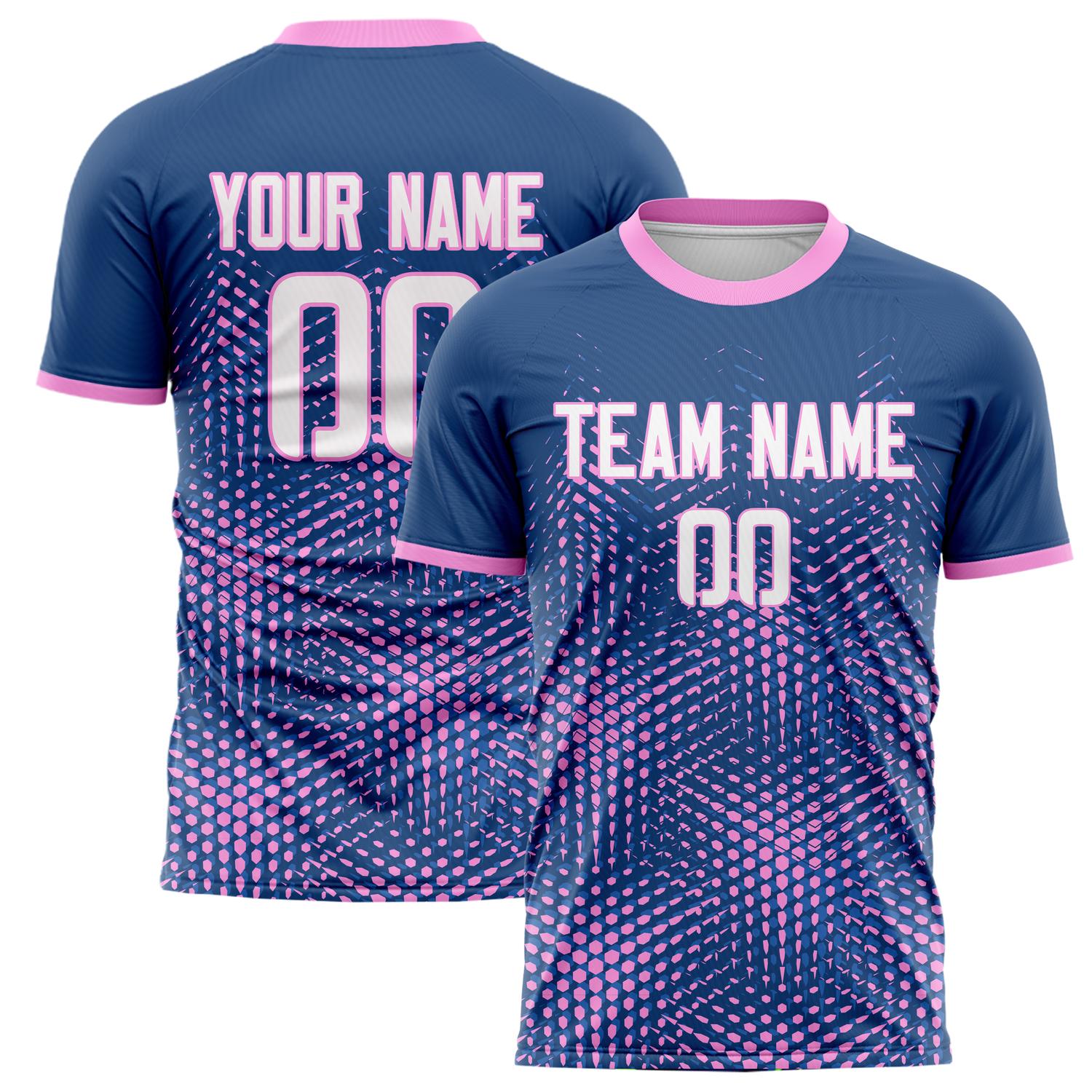 Benutzerdefiniertes Professionelles Marineblau Rosa Punkt Fußballtrikot FT02240808JC055