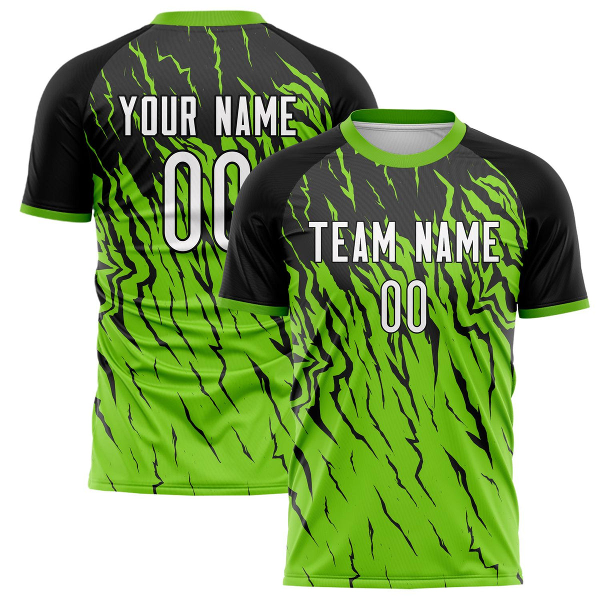Benutzerdefiniertes Professionelles Schwarz Neongrün Tigerstreifen Fußballtrikot FT02240809JC016