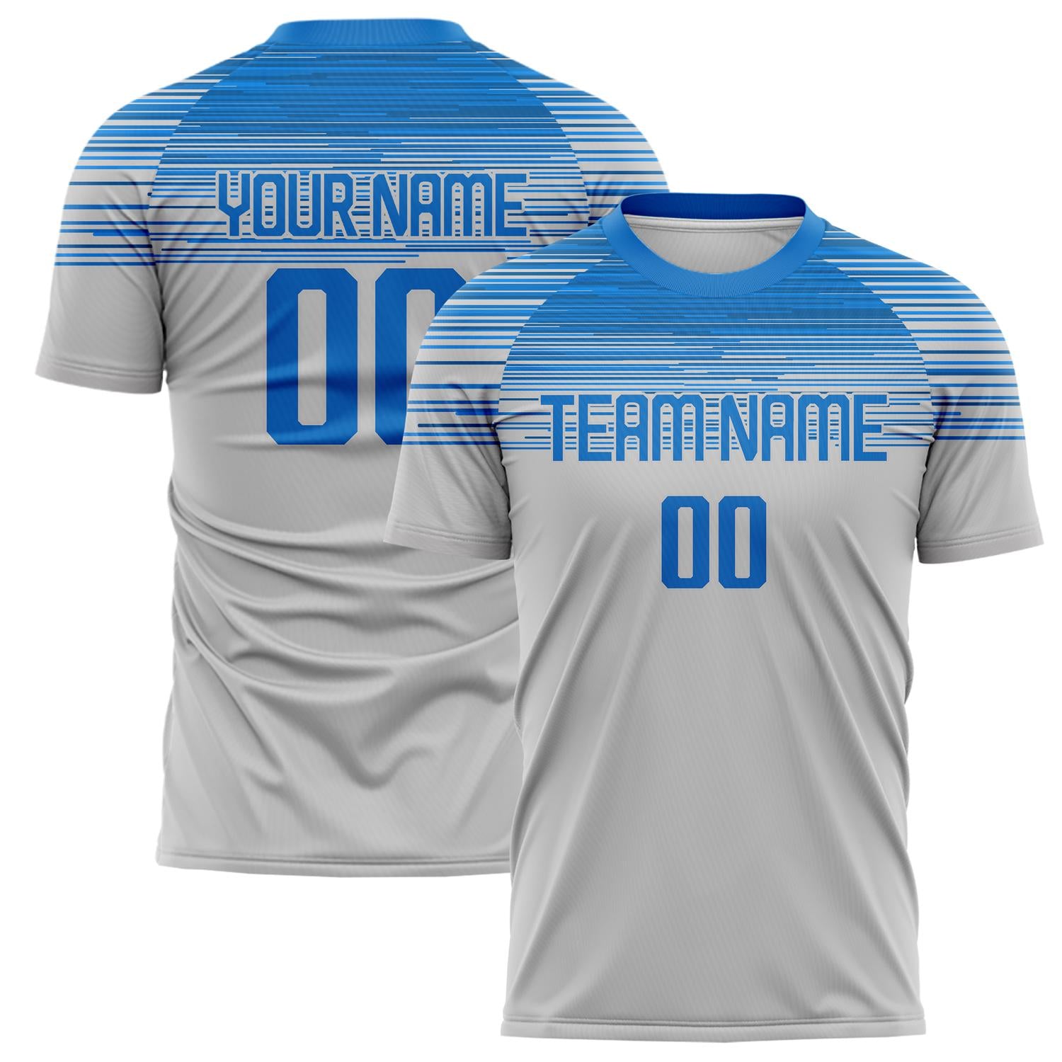 Benutzerdefiniertes Professionelles Grau Blau Streifen Fußballtrikot FT02240809JC031