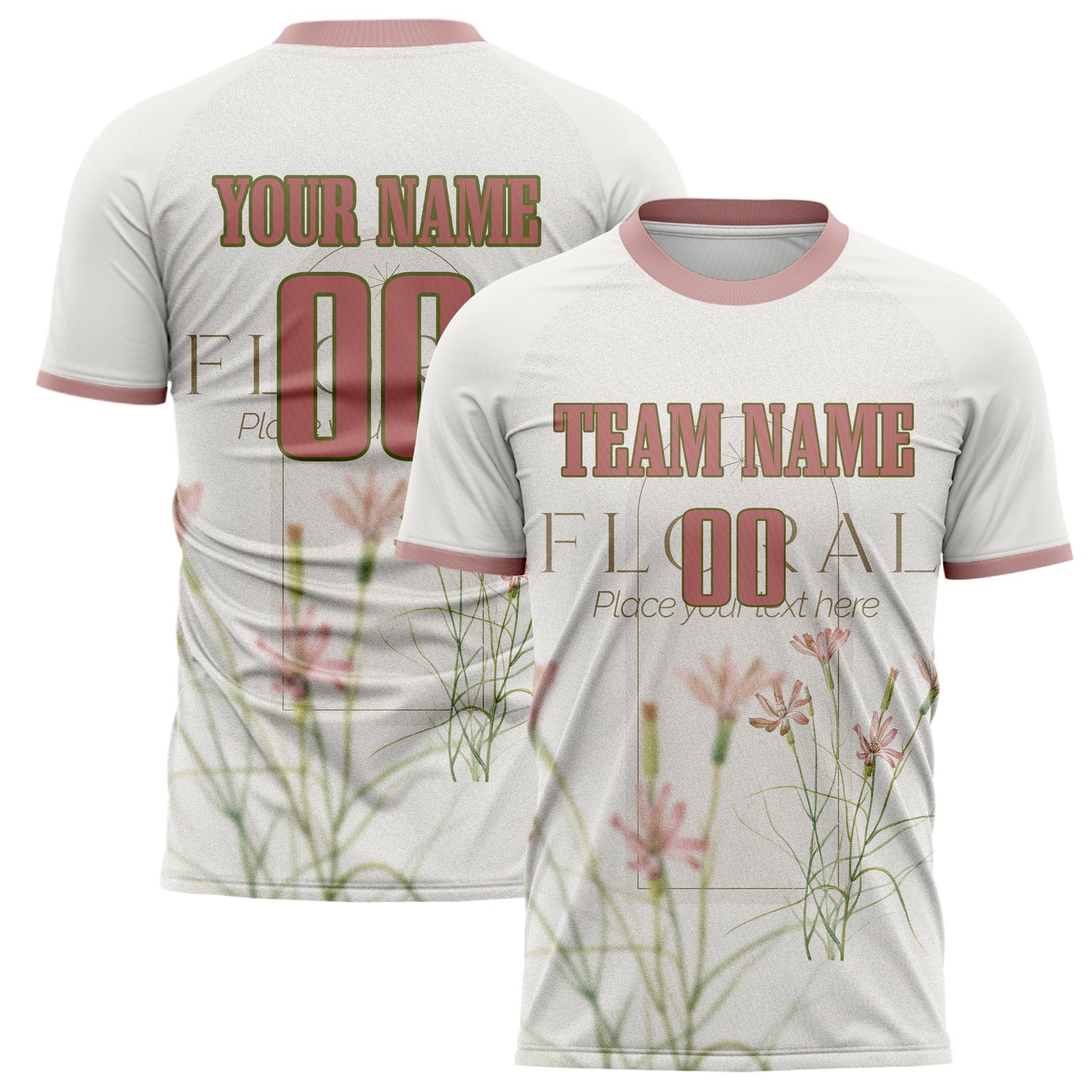 Benutzerdefiniertes Professionelles Weiß Rosa Floral Gras Fußballtrikot FT02240809JC066