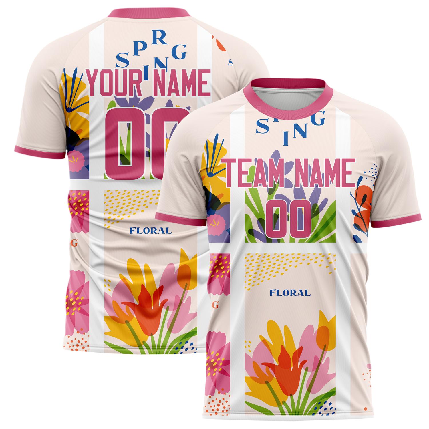 Benutzerdefiniertes Professionelles Weiß Rosa Floral Frühlingsmotiv Fußballtrikot FT02240809JC067