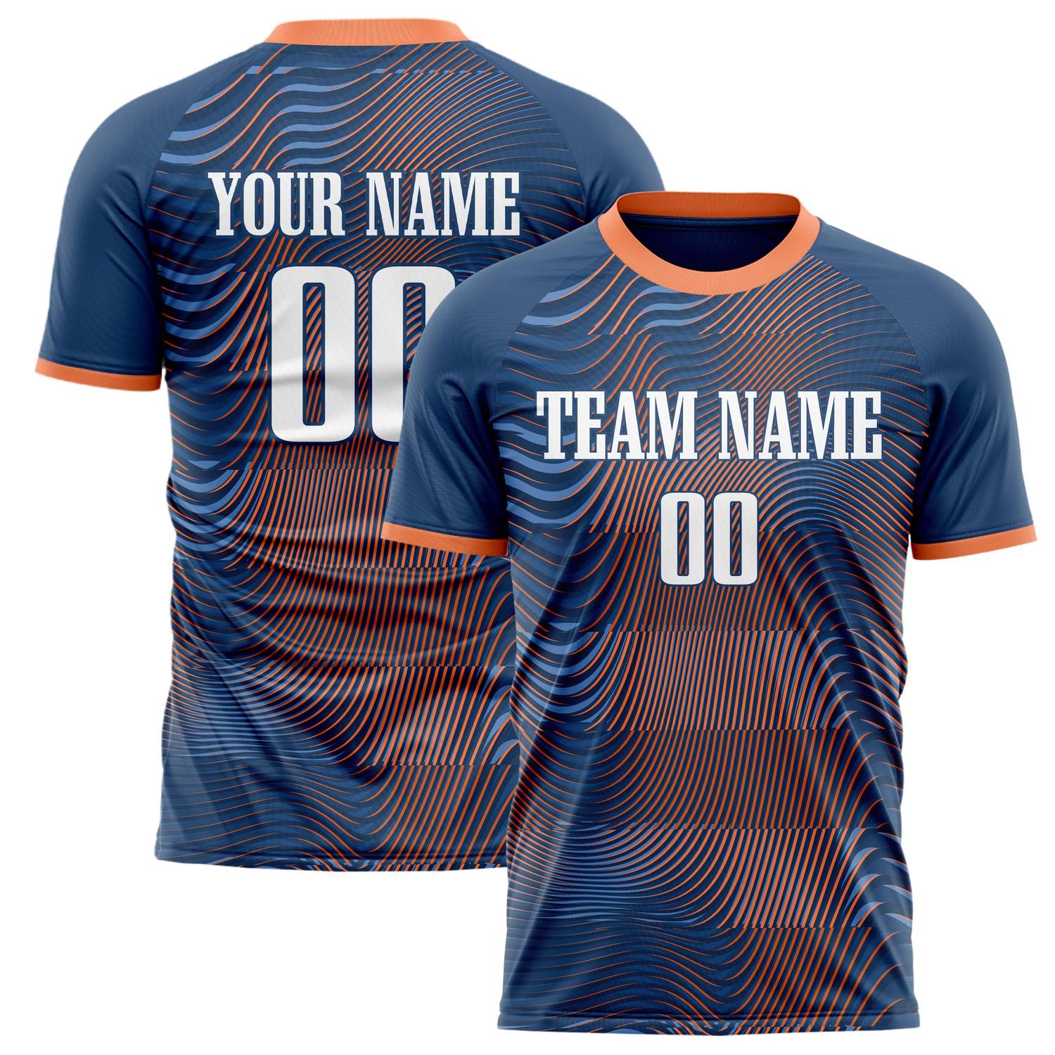 Benutzerdefiniertes Professionelles Marineblau Orange Welle Fußballtrikot FT02240809JG107