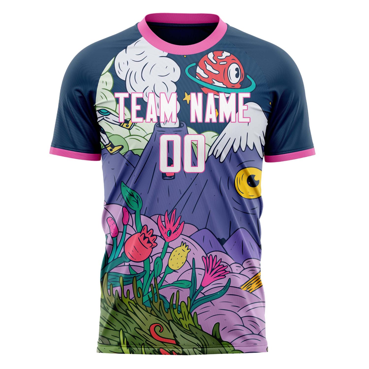 Benutzerdefiniertes Professionelles Marineblau Rosa Illustrations Fußballtrikot