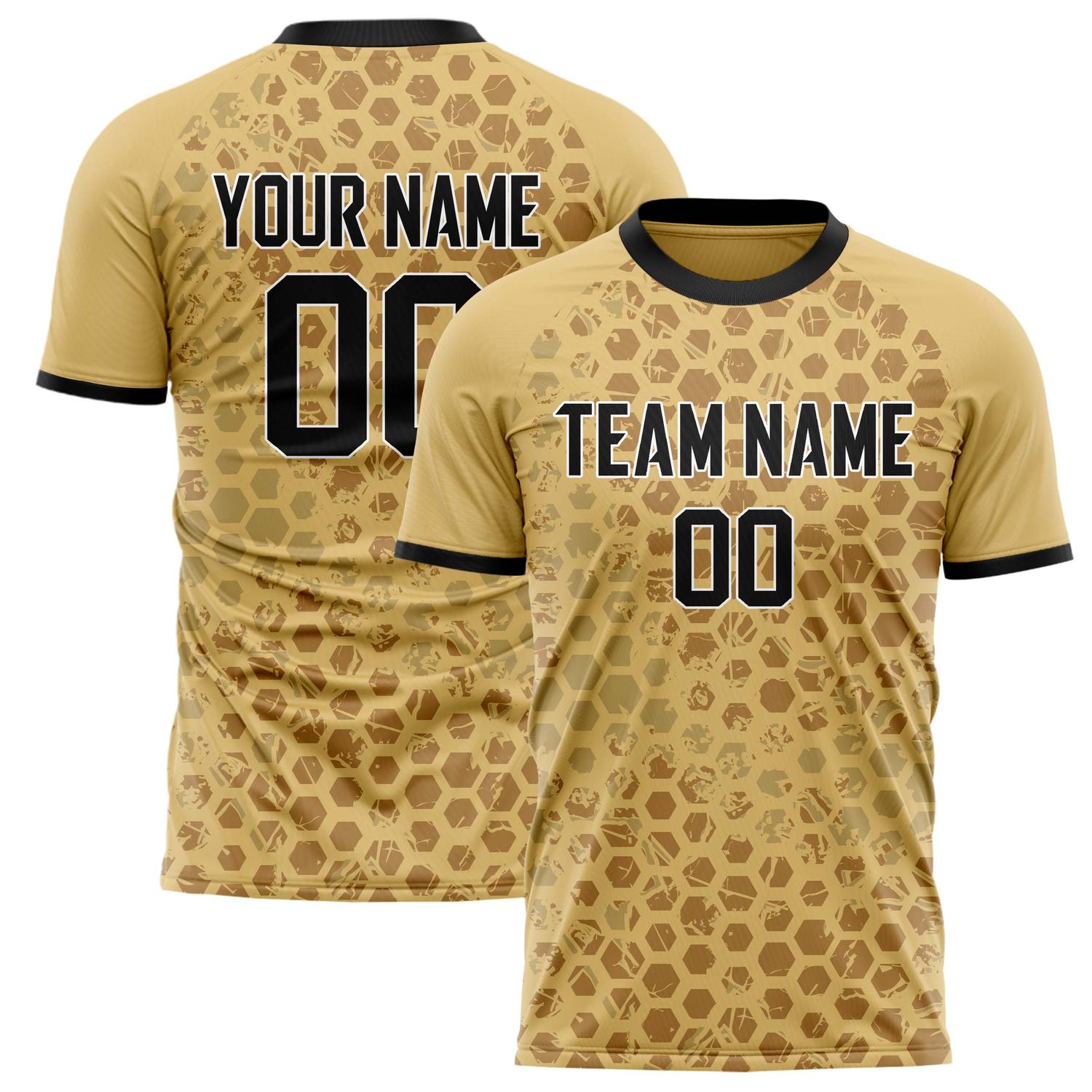 Benutzerdefiniertes Professionelles Altgold Schwarz Geometrisches Fußballtrikot FT02240809JG171