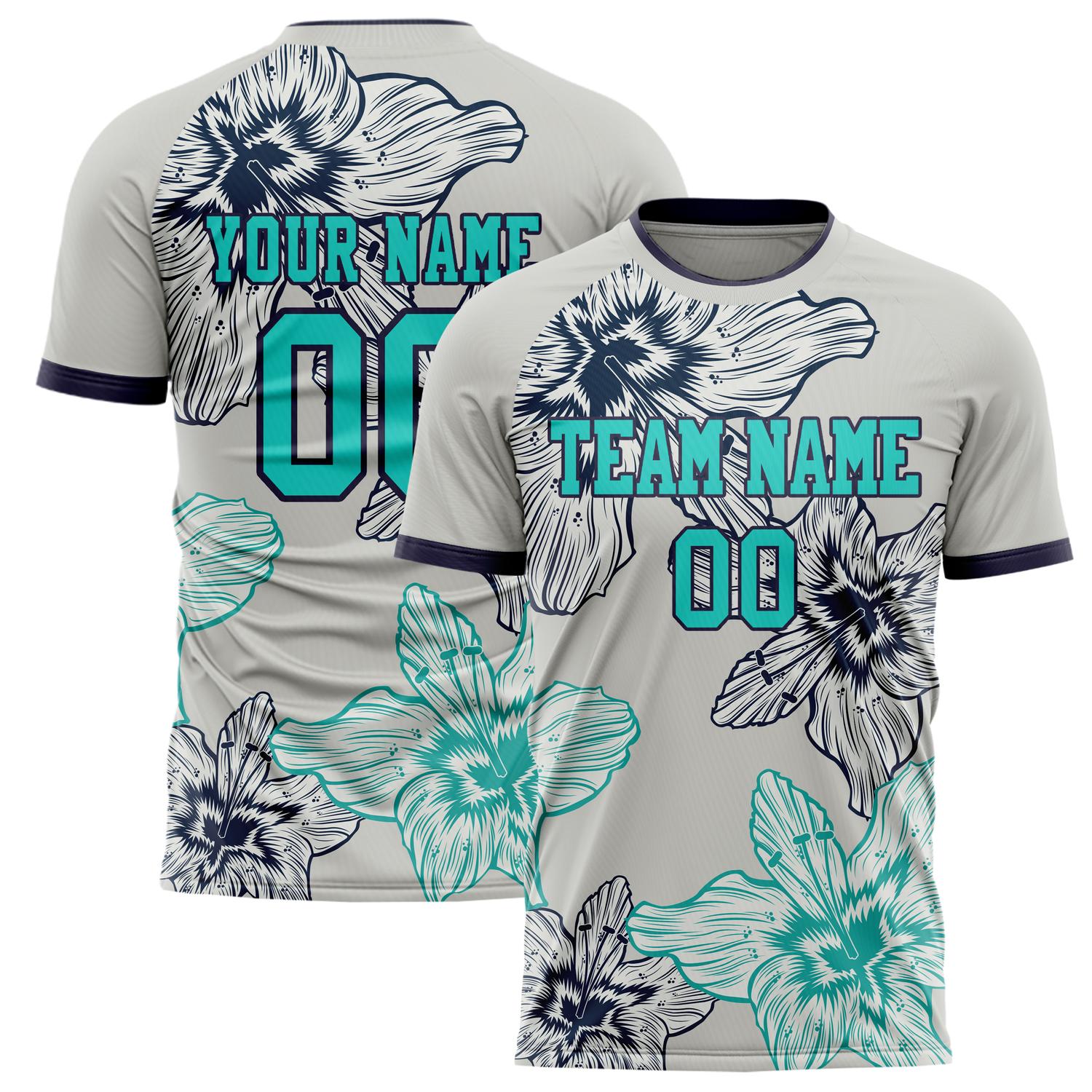 Benutzerdefiniertes Professionelles Grau Marineblau Blumen Fußballtrikot FT02240809XF196