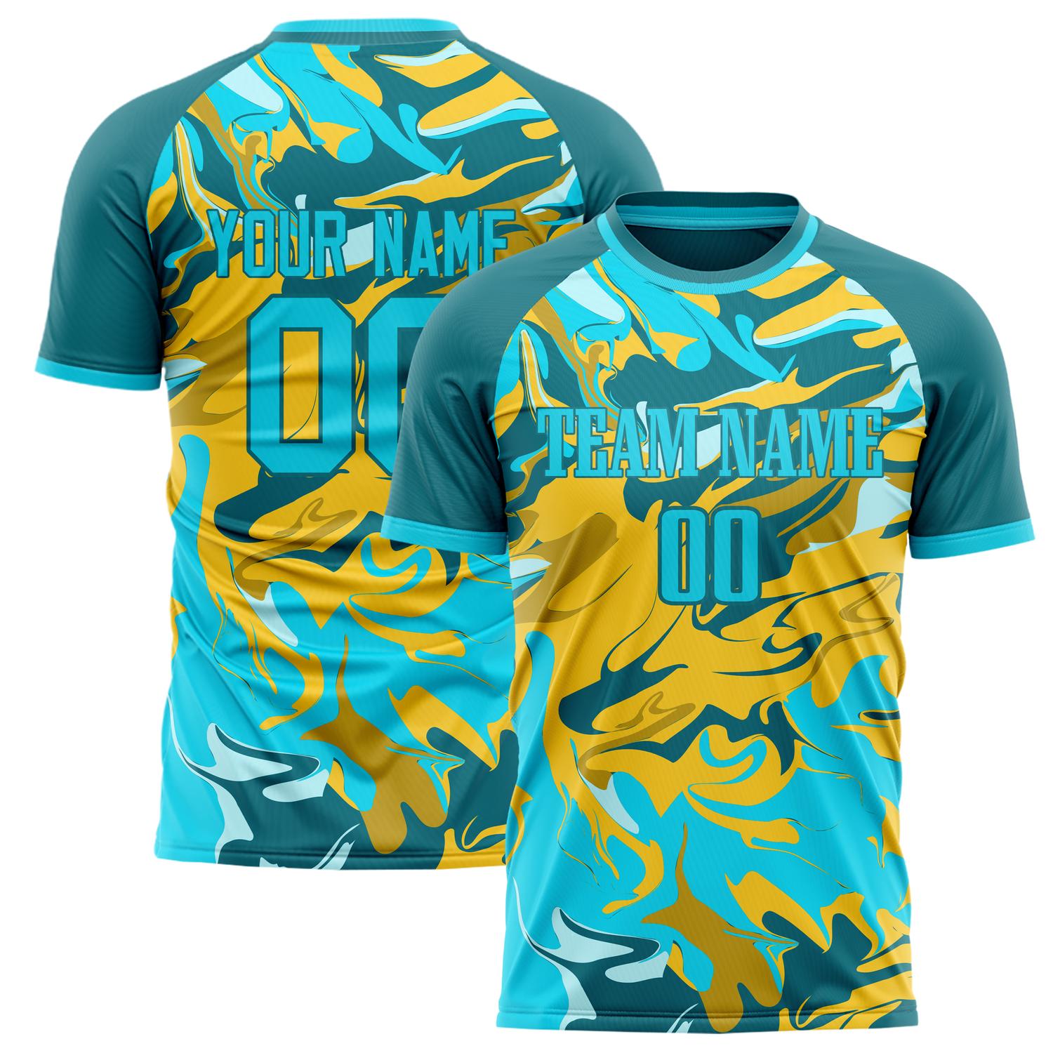 Benutzerdefiniertes Professionelles Blaugrün Gold Camouflage Fußballtrikot FT02240809XF225