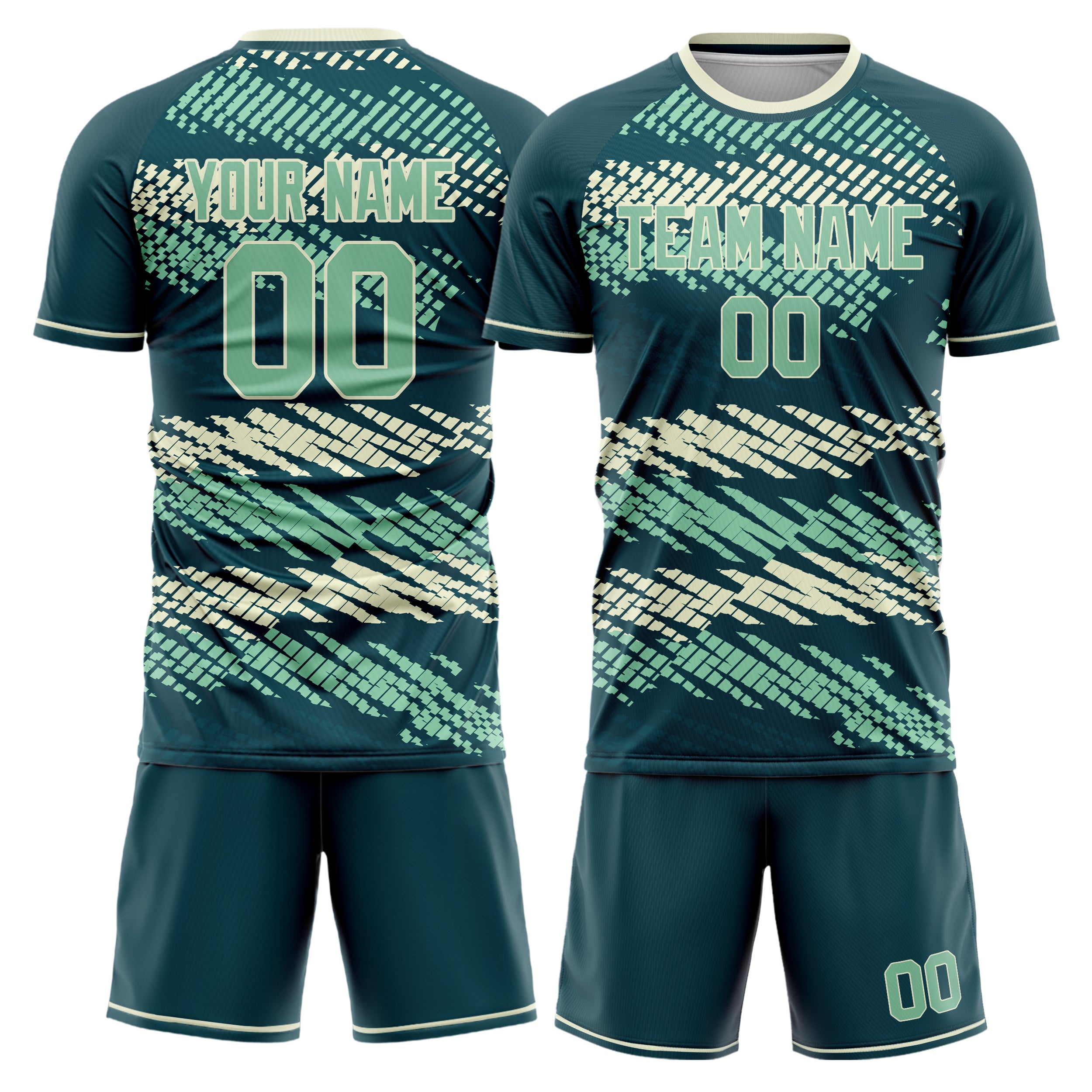 Maßgeschneidertes Professionelles Blau Grün Creme Fußballtrikot-Set FT03240719JC105