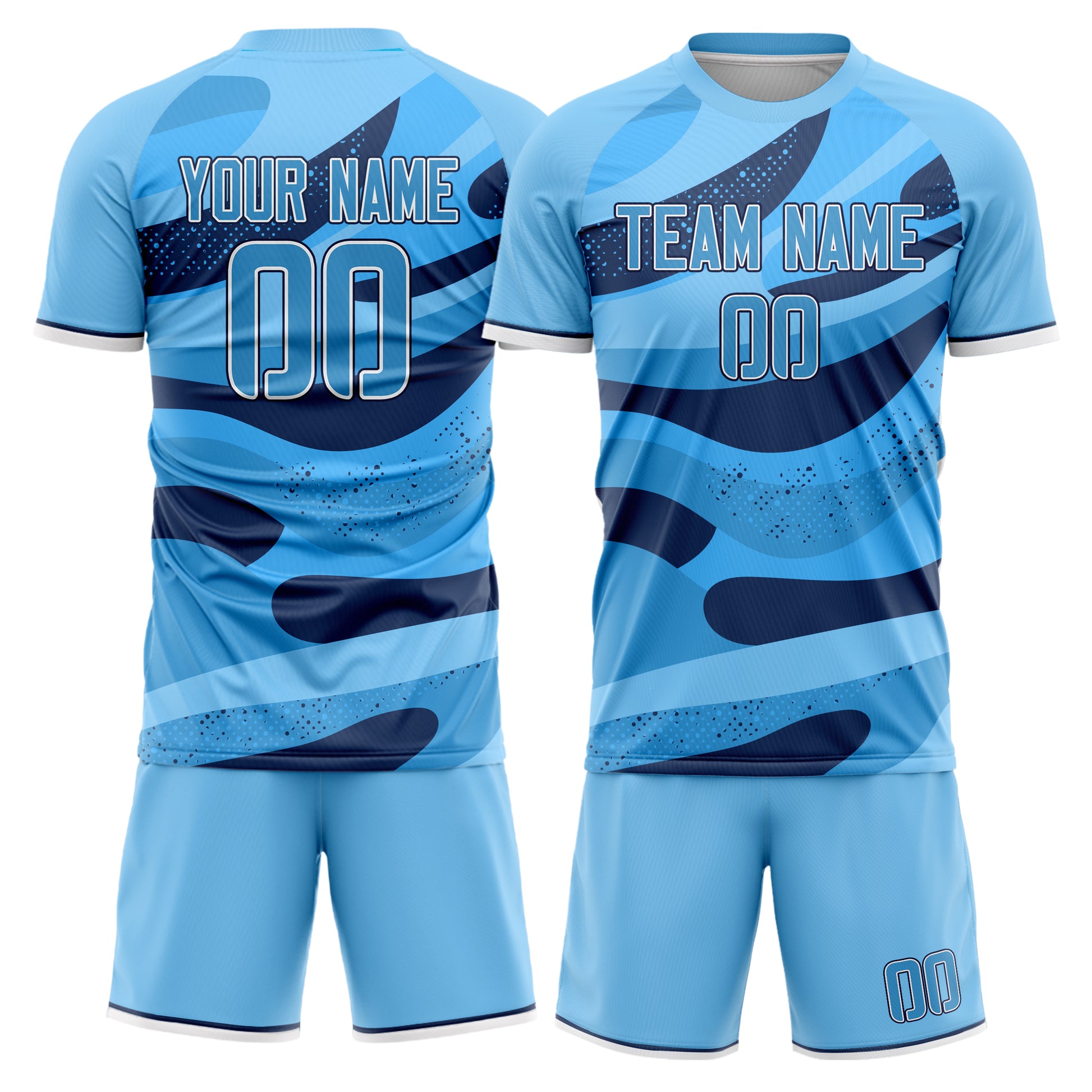 Maßgeschneidertes Professionelles Hellblau Marineblau Fußballtrikot-Set FT03240719JC116