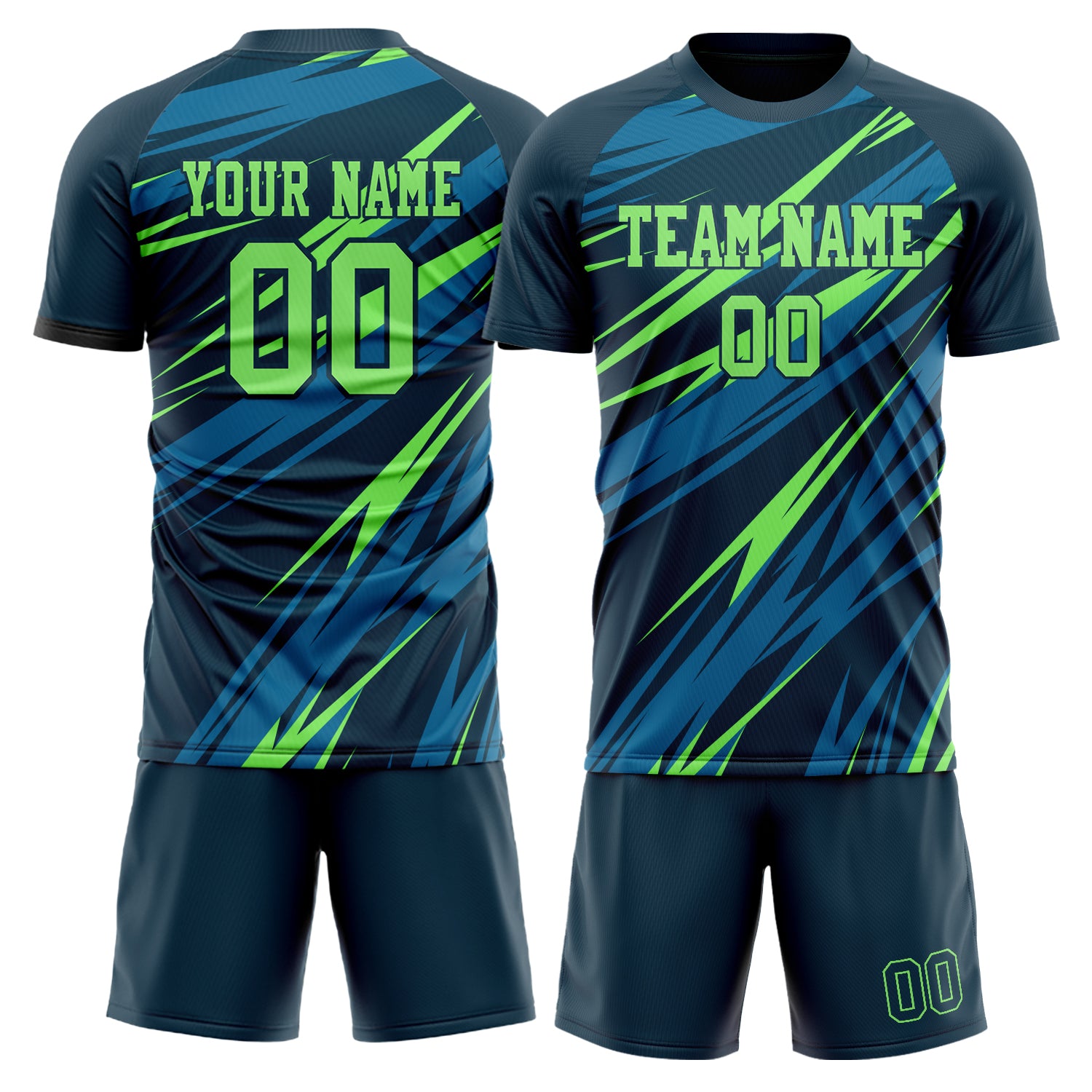 Maßgeschneidertes Professionelles Marineblau Neongrün Fußballtrikot-Set FT03240719XF321