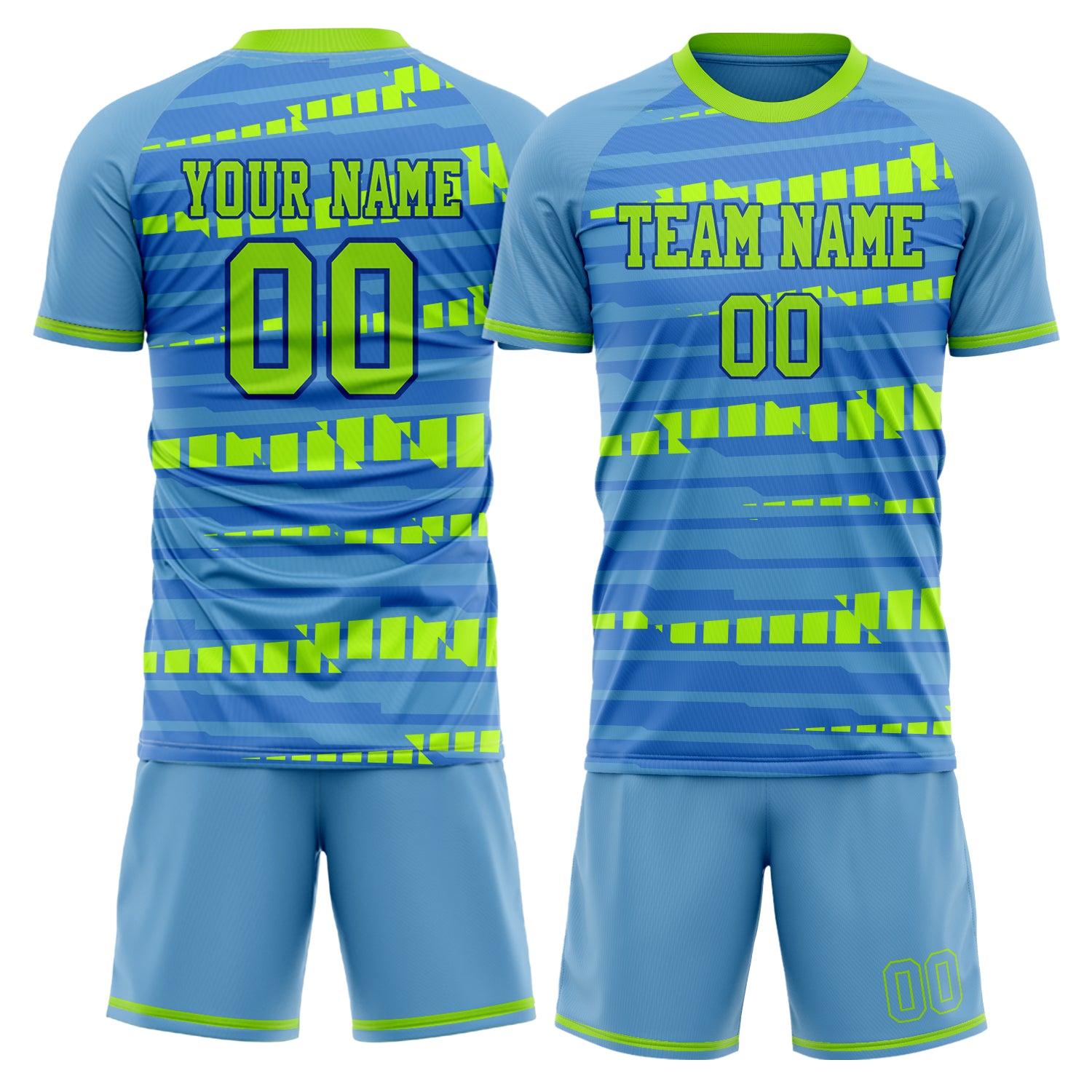 Maßgeschneidertes Professionelles Hellblau Neongrün Fußballtrikot-Set FT03240719XF349