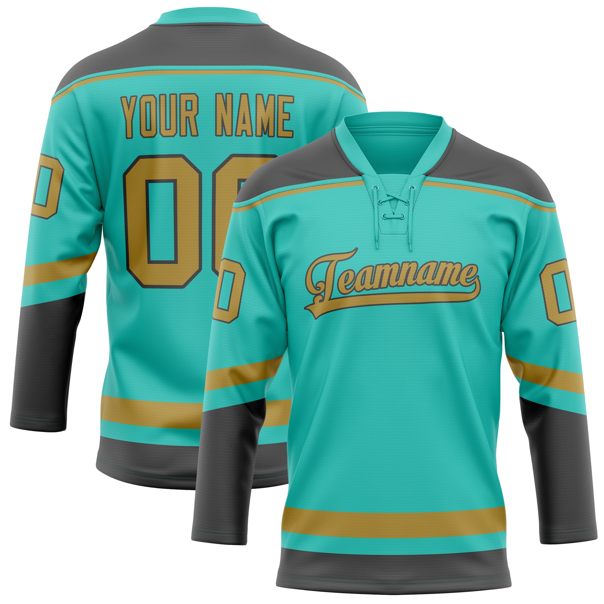 Maßgeschneidertes Professionelles Aqua Altgold Eishockeytrikot HK01240718AQ017