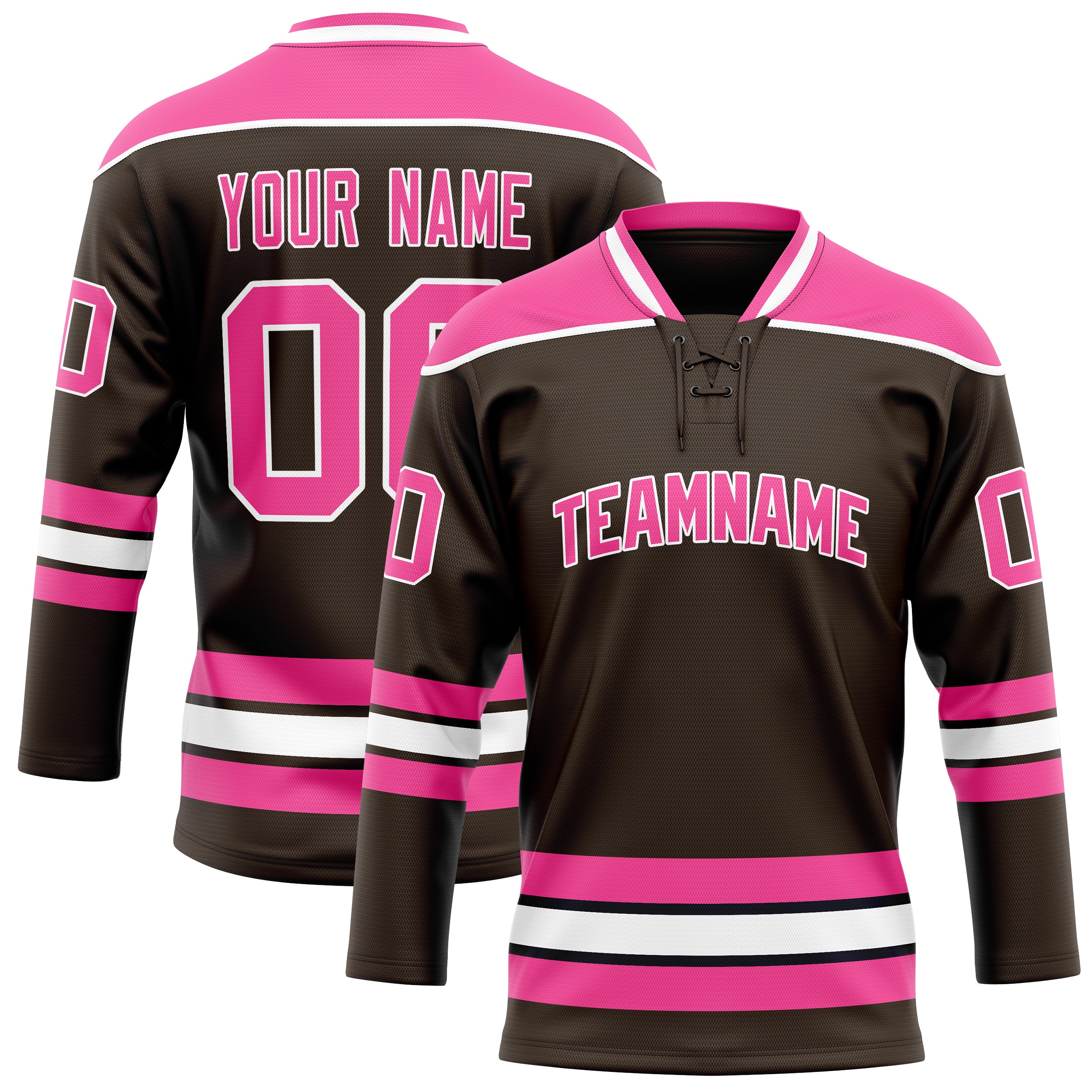 Maßgeschneidertes Professionelles Braun Rosa Eishockeytrikot HK01240718BR070