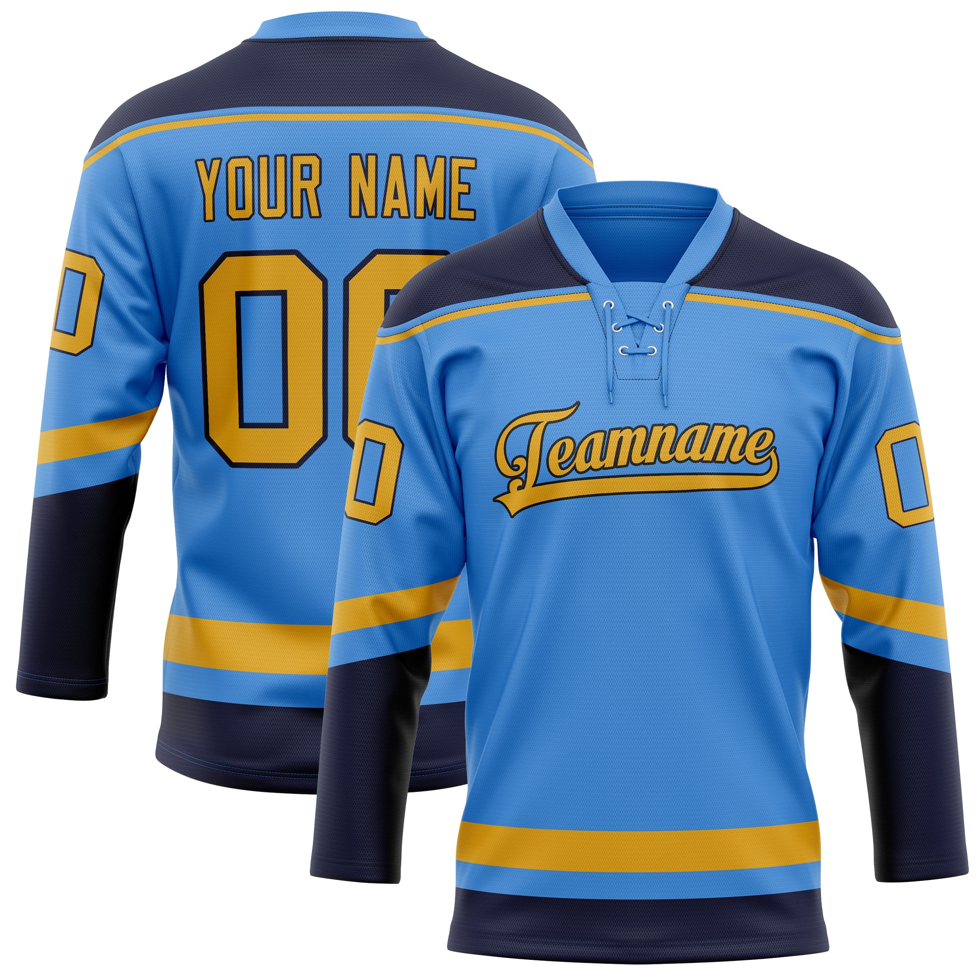 Maßgeschneidertes Professionelles Elektrisch Blau Gold Eishockeytrikot HK01240718EL143