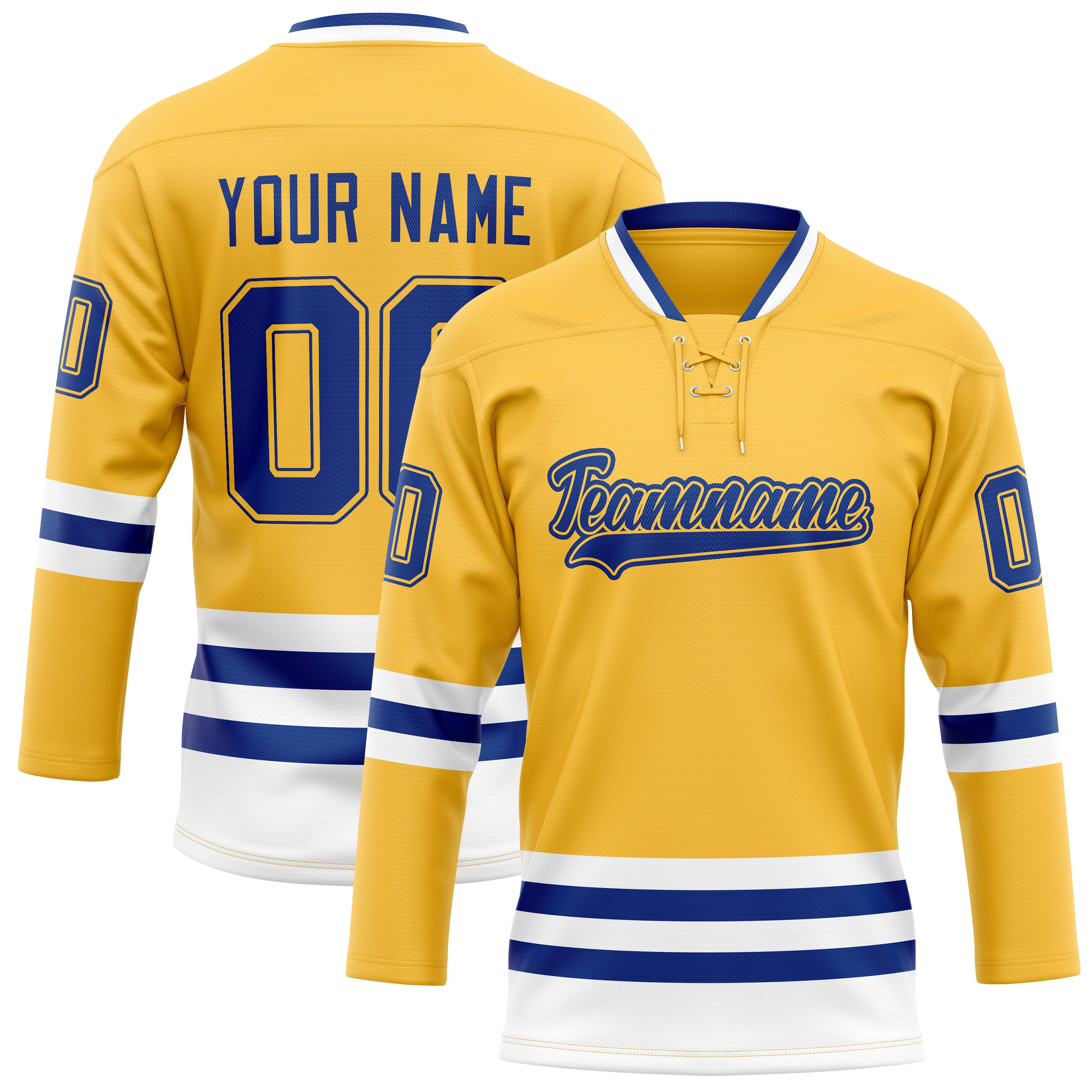 Maßgeschneidertes Professionelles Gold Königsblau Eishockeytrikot HK01240718GO160