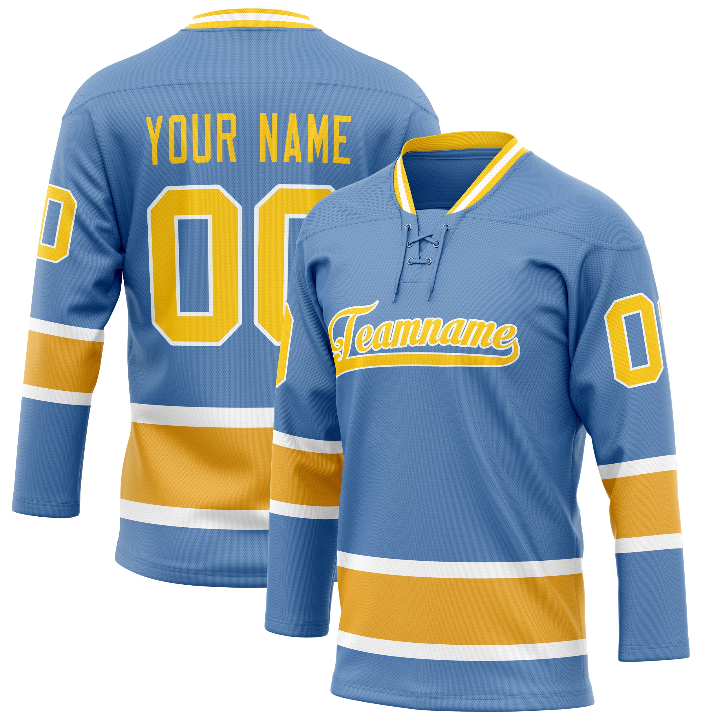 Maßgeschneidertes Professionelles Hellblau Gold Eishockeytrikot HK01240718LI227