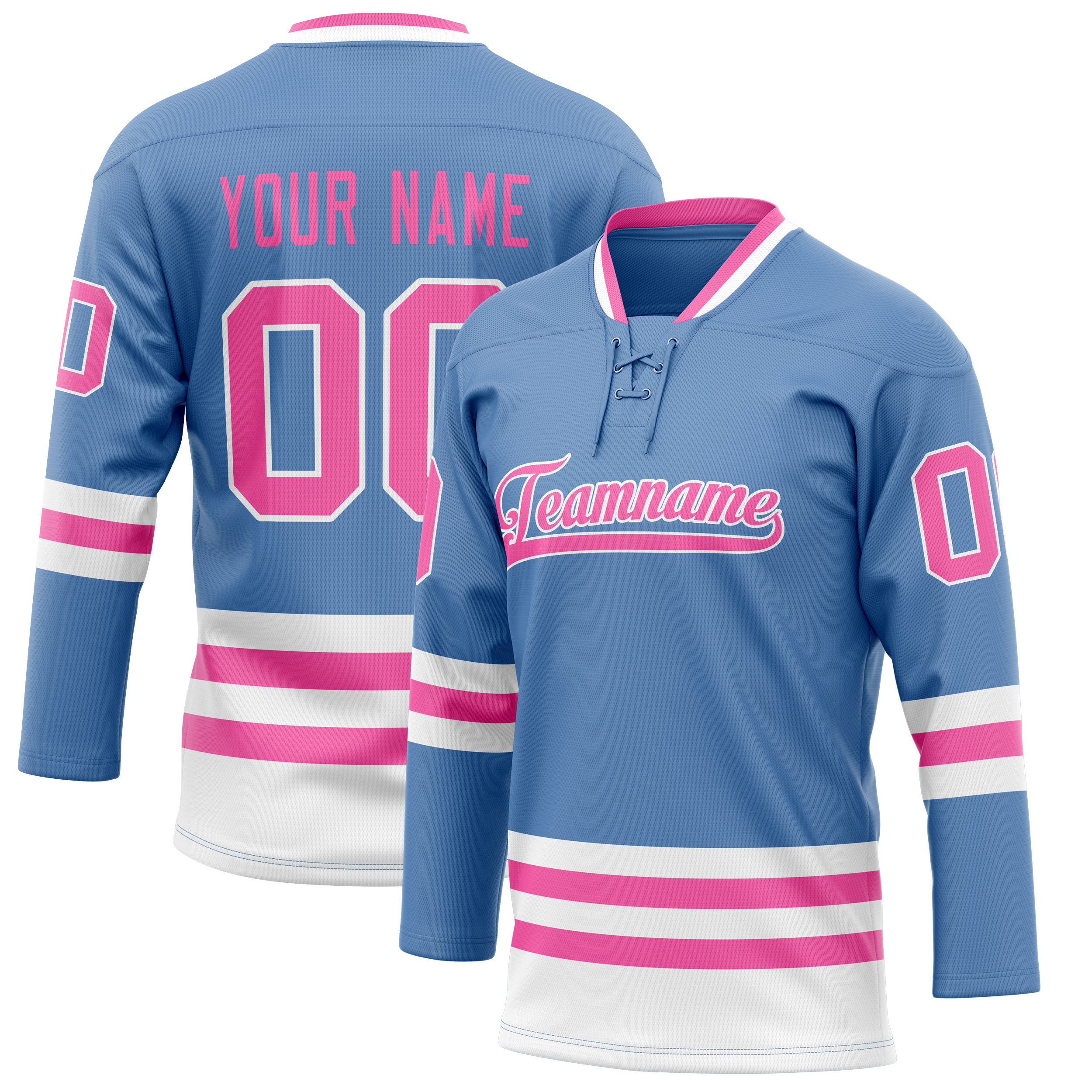 Maßgeschneidertes Professionelles Hellblau Rosa Eishockeytrikot HK01240718LI230