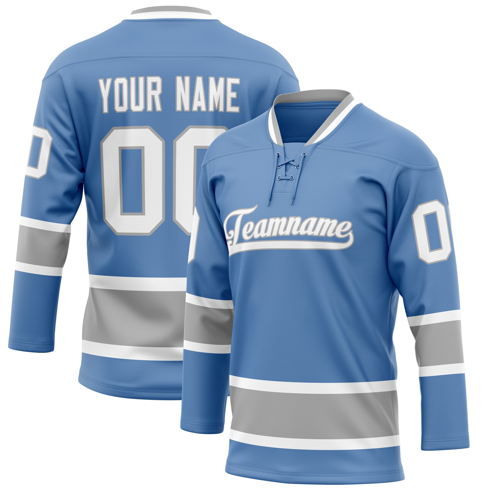 Maßgeschneidertes Professionelles Hellblau Grau Eishockeytrikot HK01240718LI238