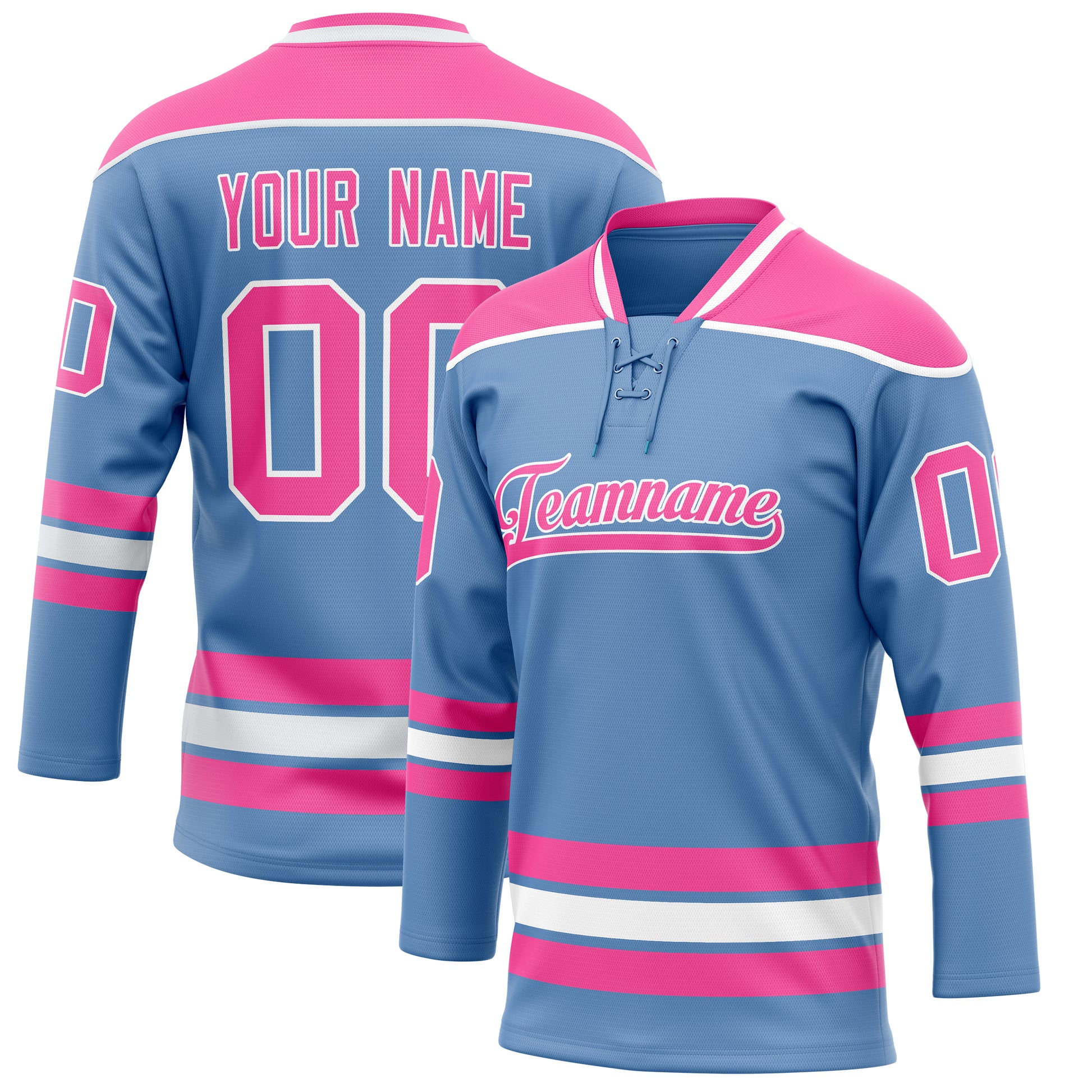 Maßgeschneidertes Professionelles Hellblau Rosa Eishockeytrikot HK01240718LI239