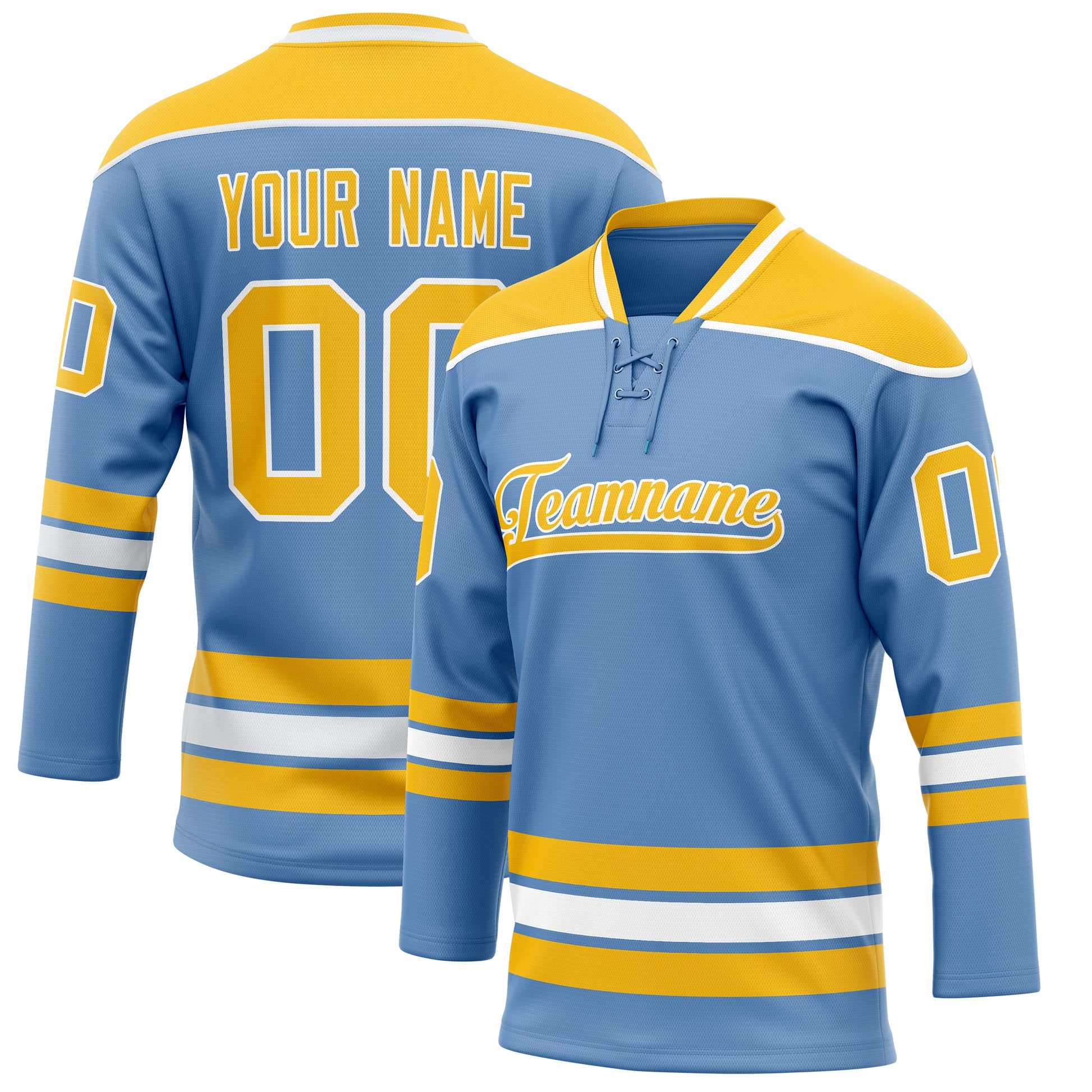 Maßgeschneidertes Professionelles Hellblau Gold Eishockeytrikot HK01240718LI240